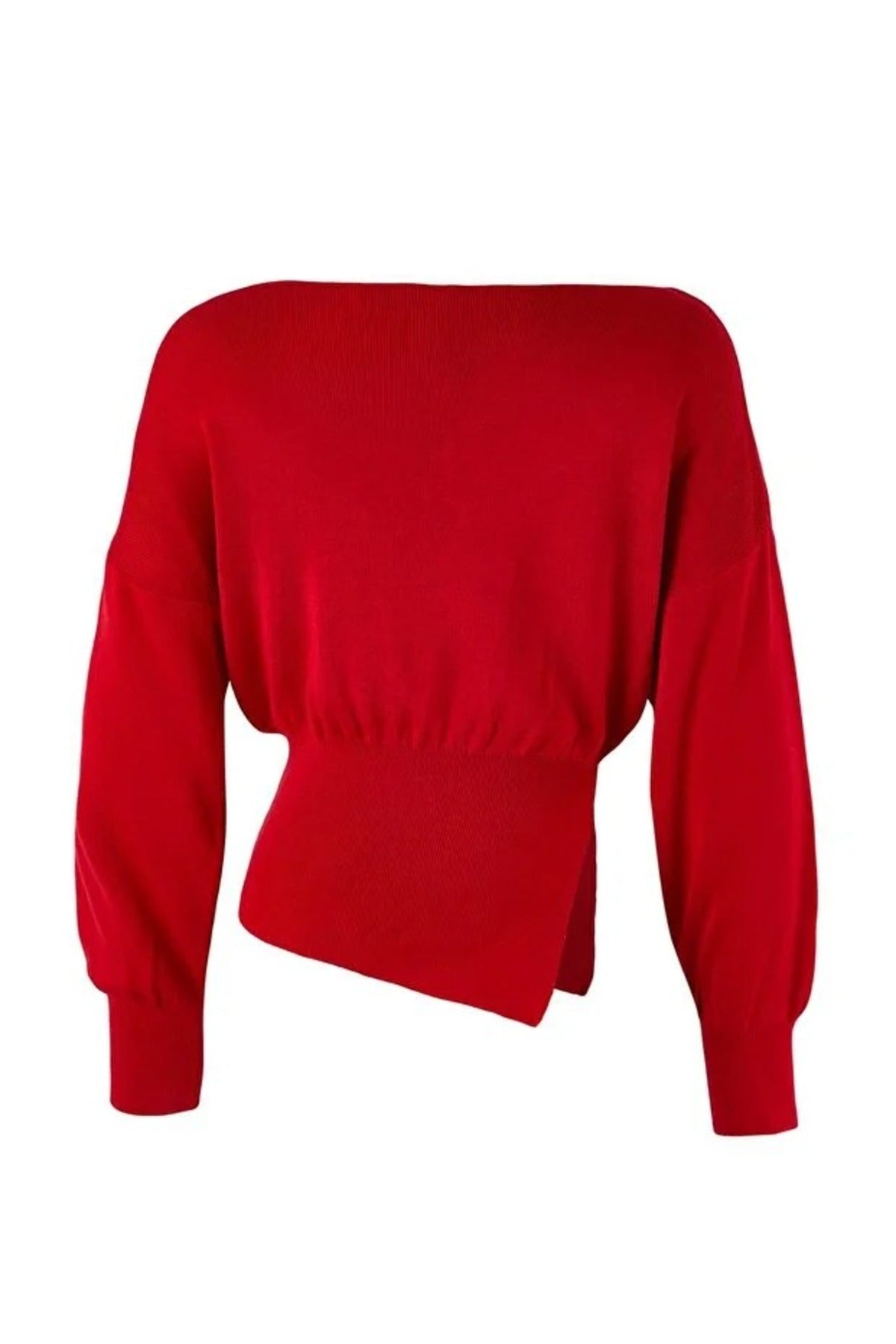 Mercerized Look Boat Neck Knit Sweater with Slit Detail