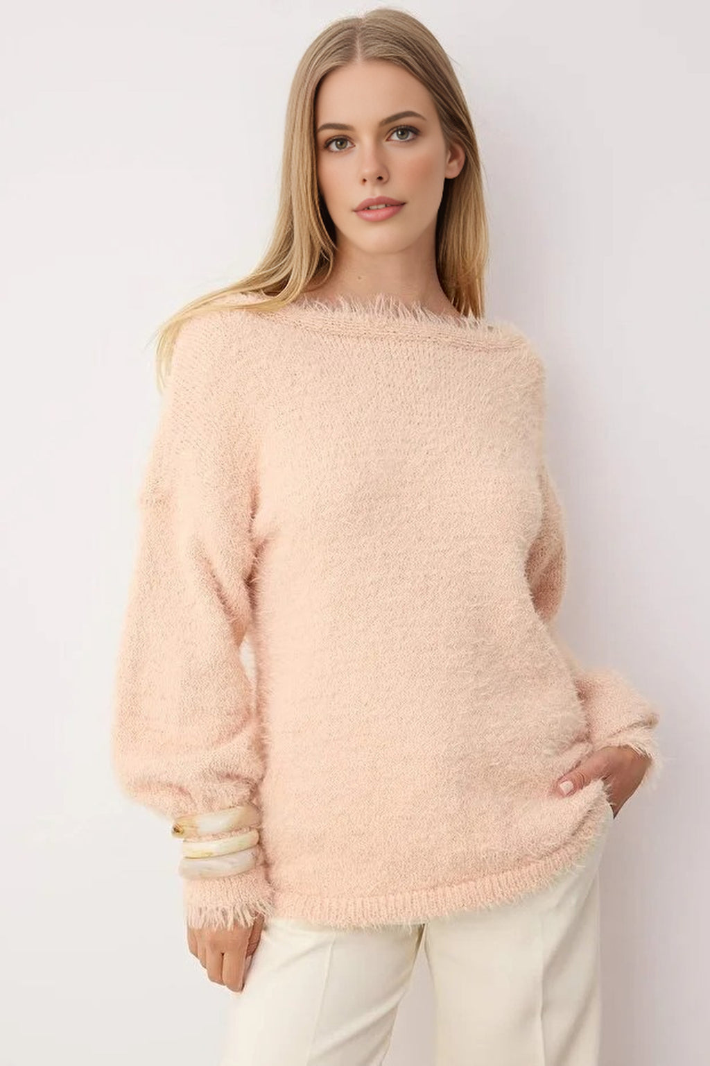 Furry Turn-Down Collar Knit Sweater