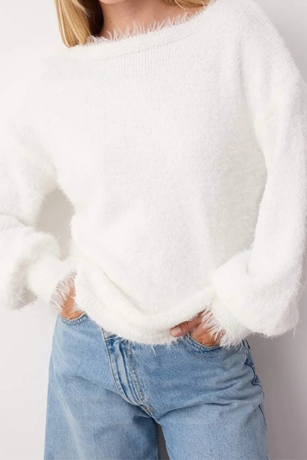 Furry Turn-Down Collar Knit Sweater