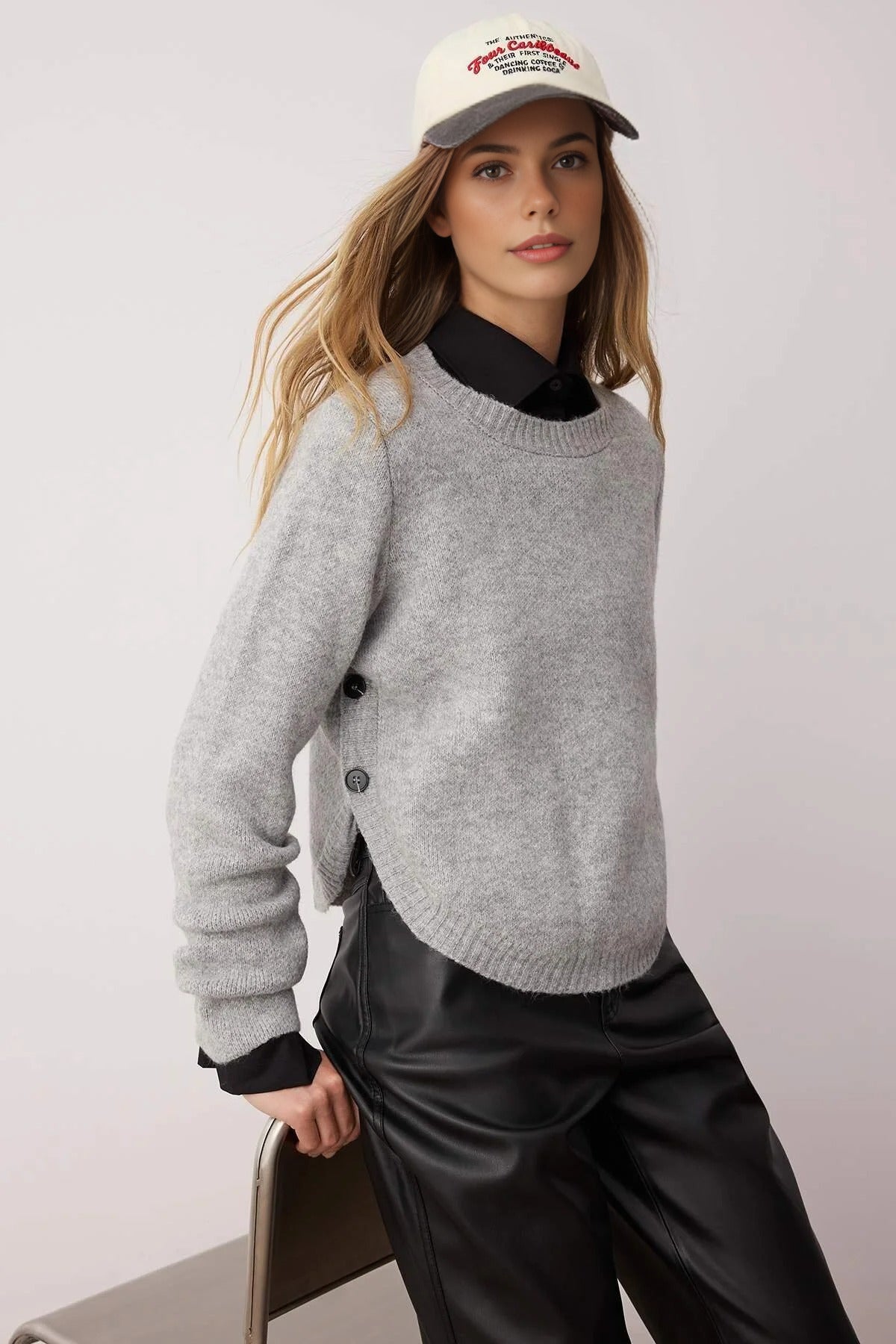 Soft Textured Knit Sweater with Button Detail