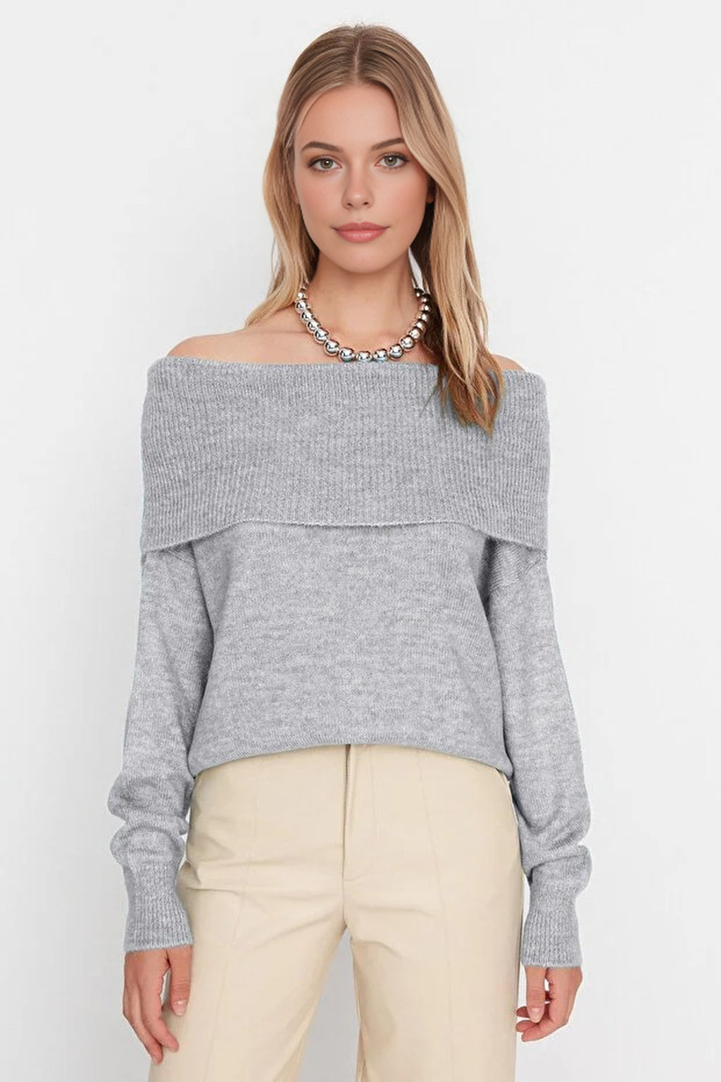 Soft Textured Carmen Collar Knit Sweater