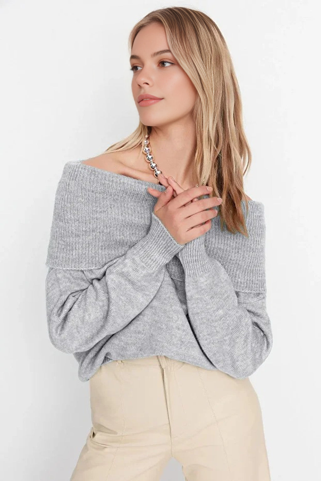 Soft Textured Carmen Collar Knit Sweater