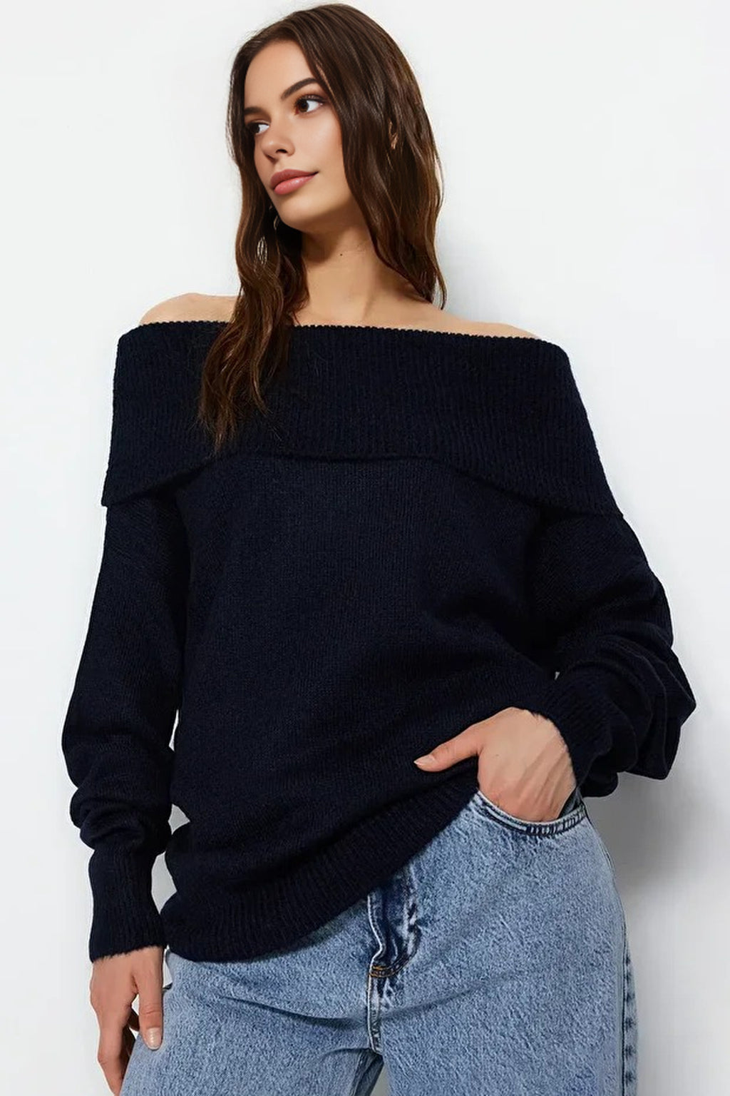 Soft Textured Carmen Collar Knit Sweater