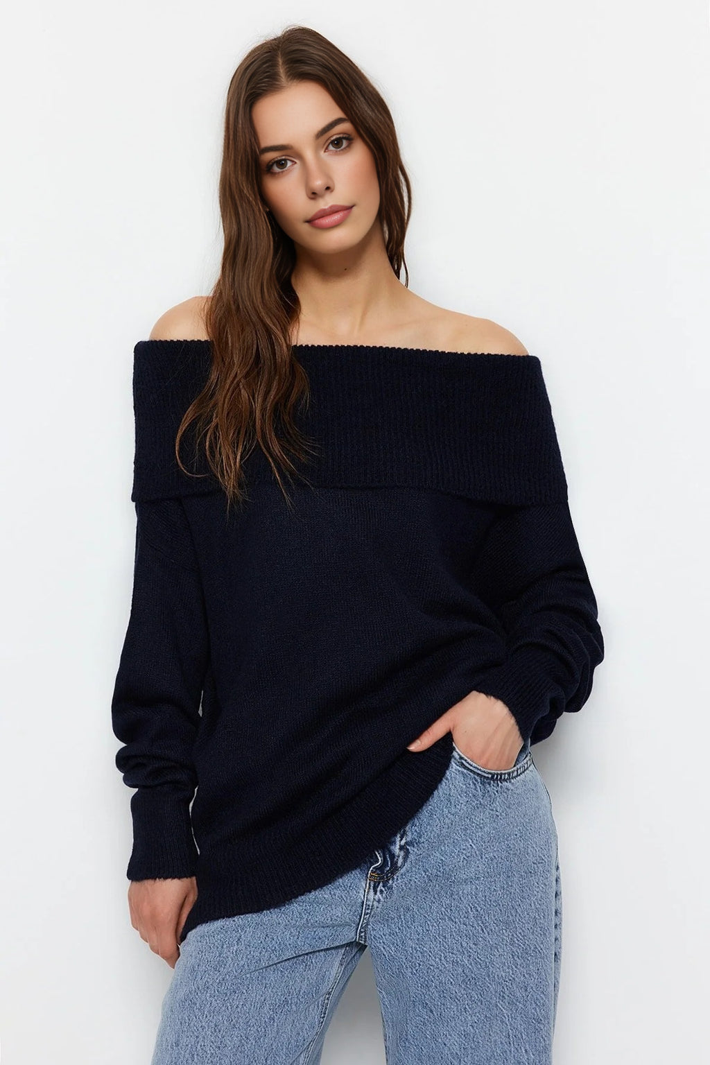 Soft Textured Carmen Collar Knit Sweater