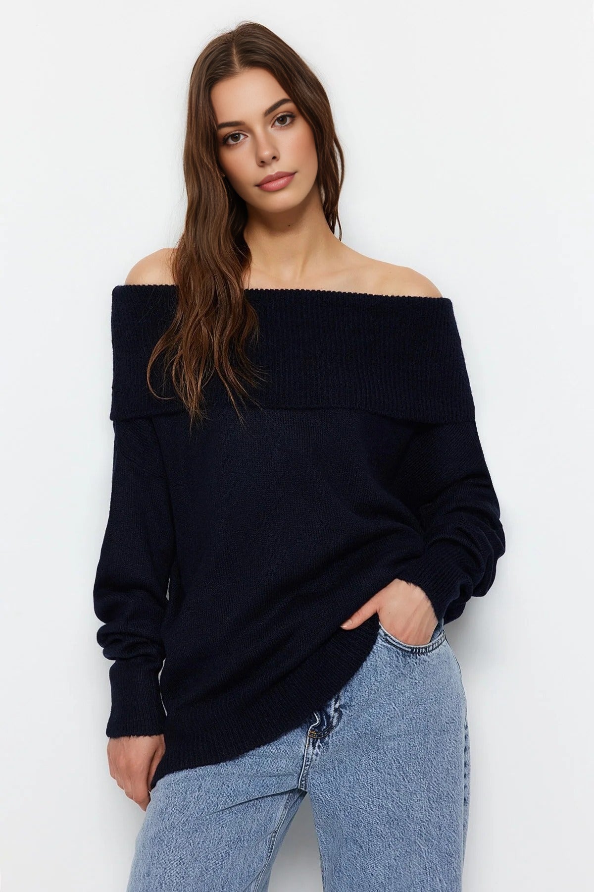 Soft Textured Carmen Collar Knit Sweater