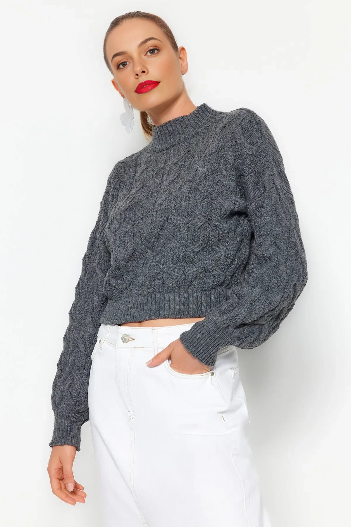 Crop Stand Collar Knit Sweater