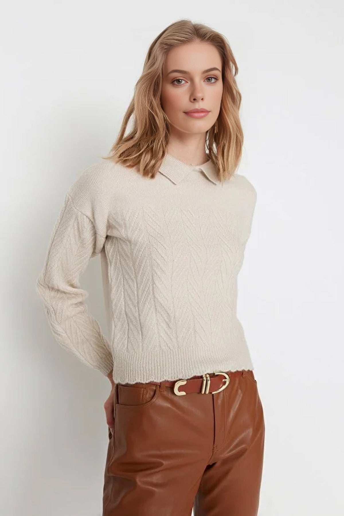 Soft Textured Knit Sweater with Collar Detail
