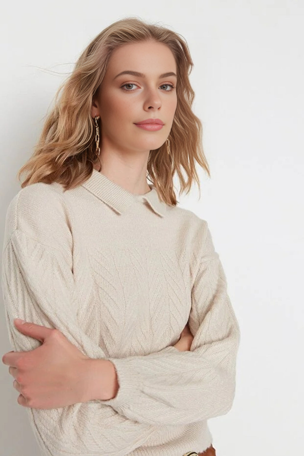Soft Textured Knit Sweater with Collar Detail