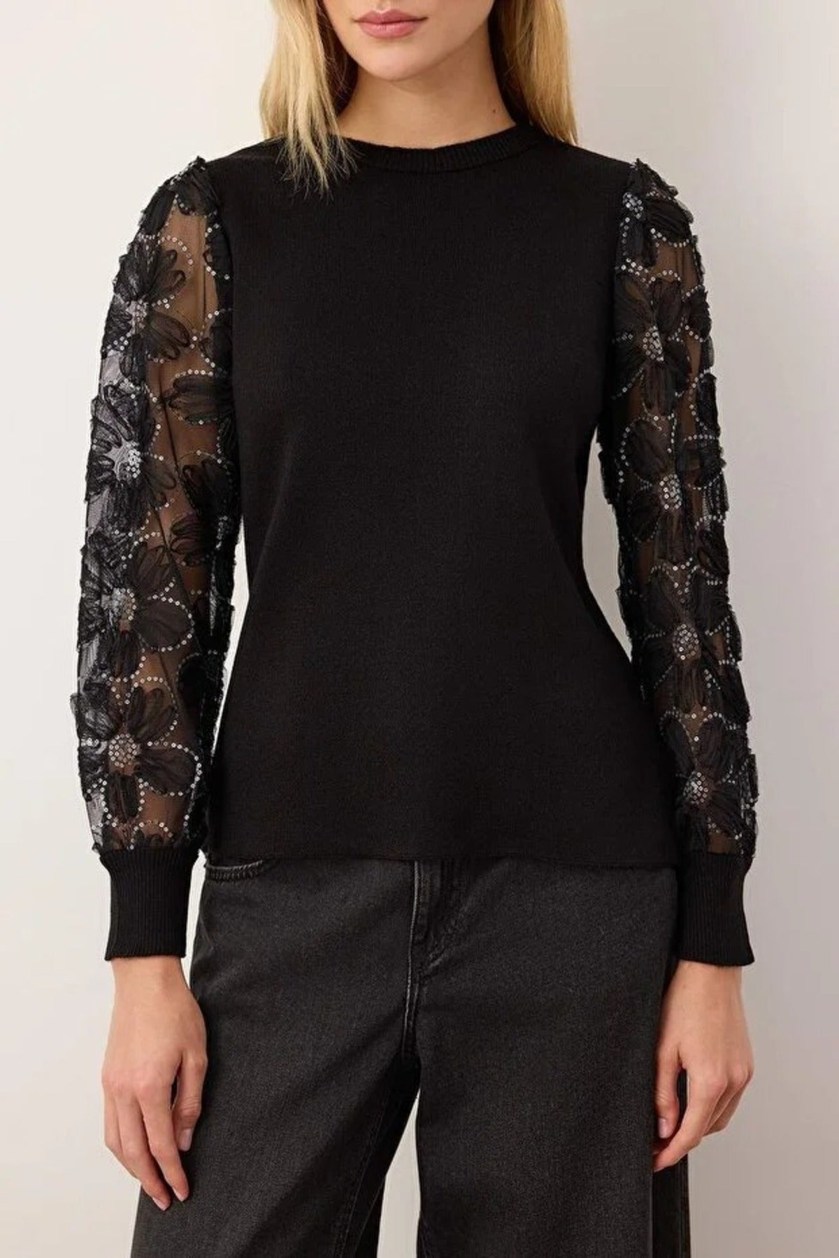 Knit Sweater with Tulle Garnish and Sleeve Detail