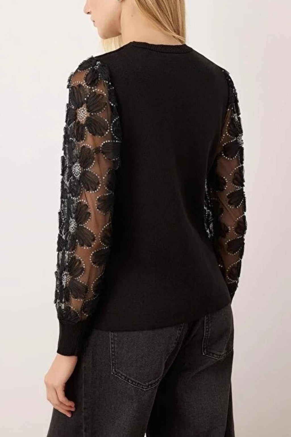 Knit Sweater with Tulle Garnish and Sleeve Detail