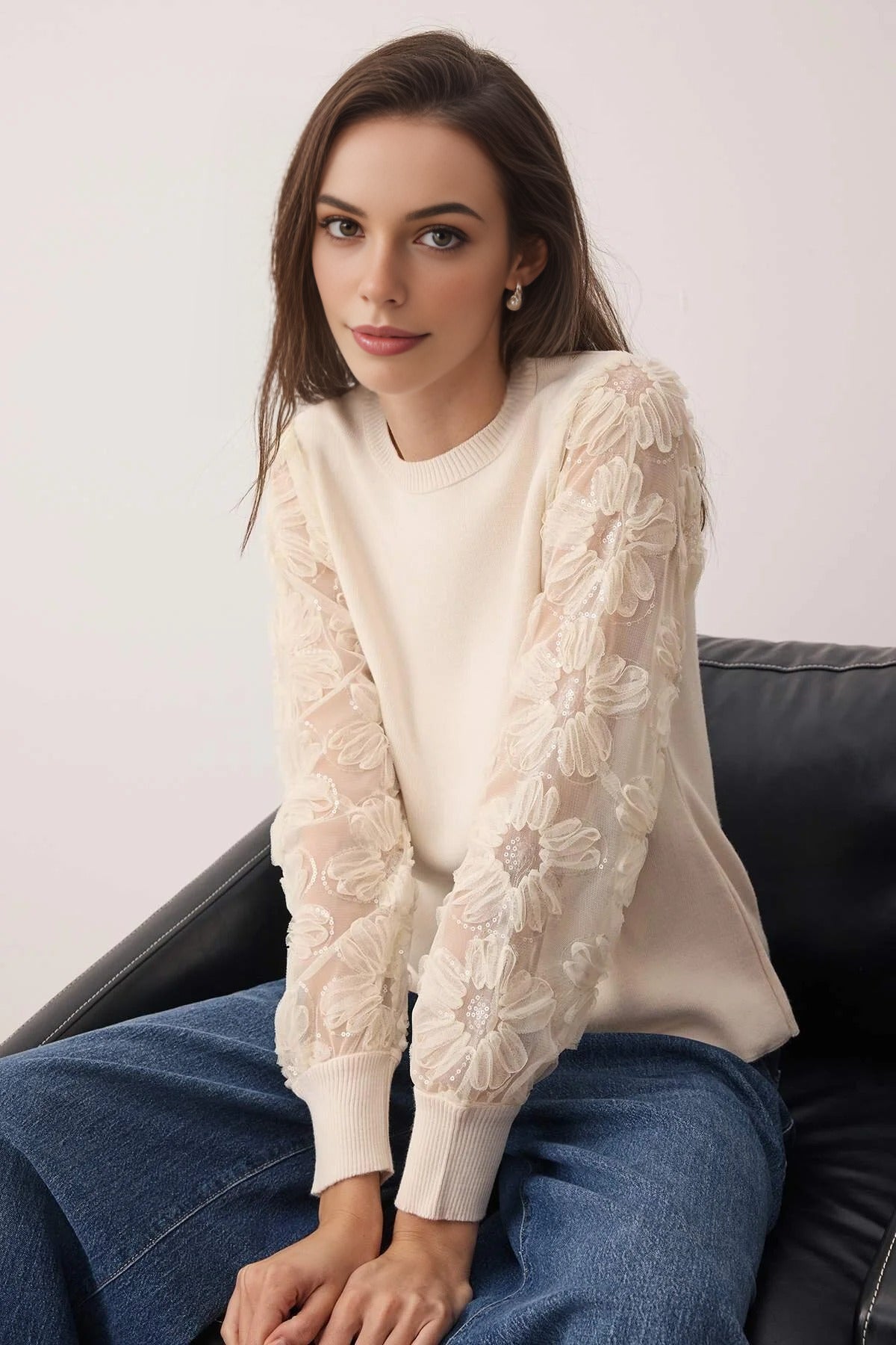 Knit Sweater with Tulle Garnish and Sleeve Detail