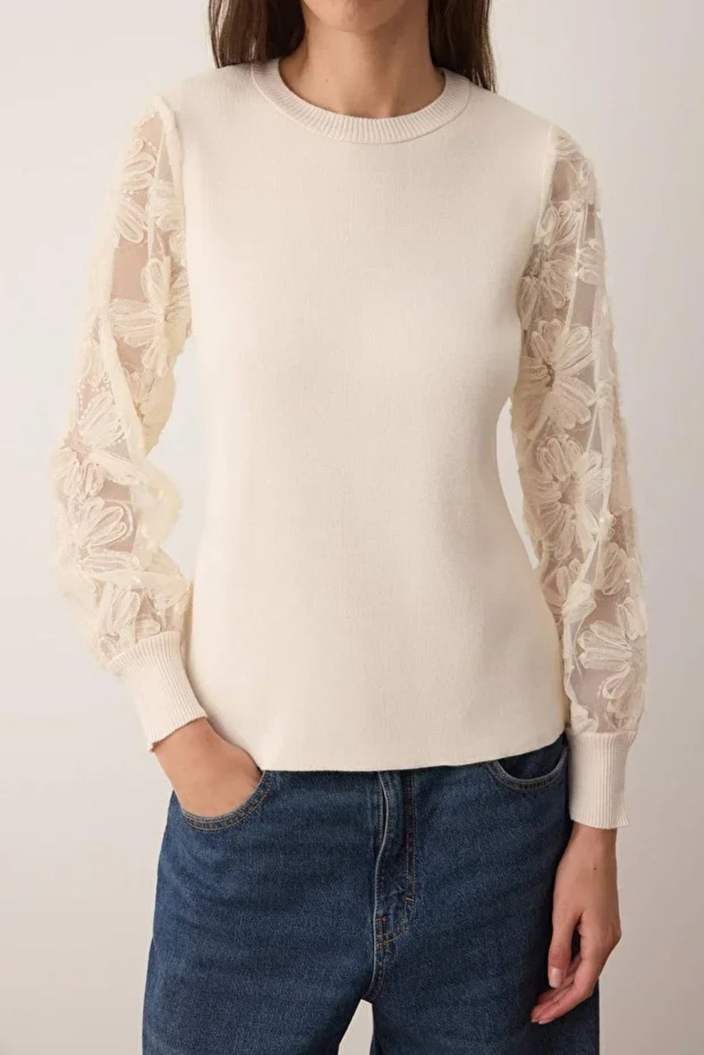 Knit Sweater with Tulle Garnish and Sleeve Detail