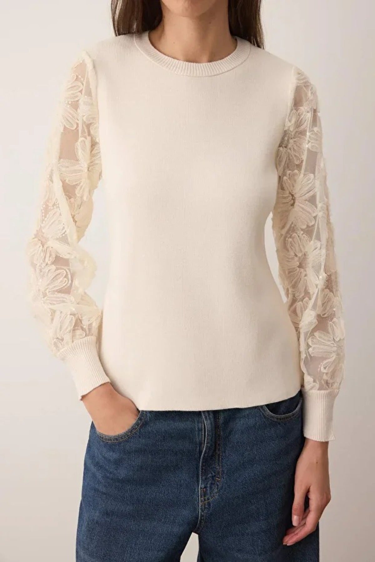 Knit Sweater with Tulle Garnish and Sleeve Detail