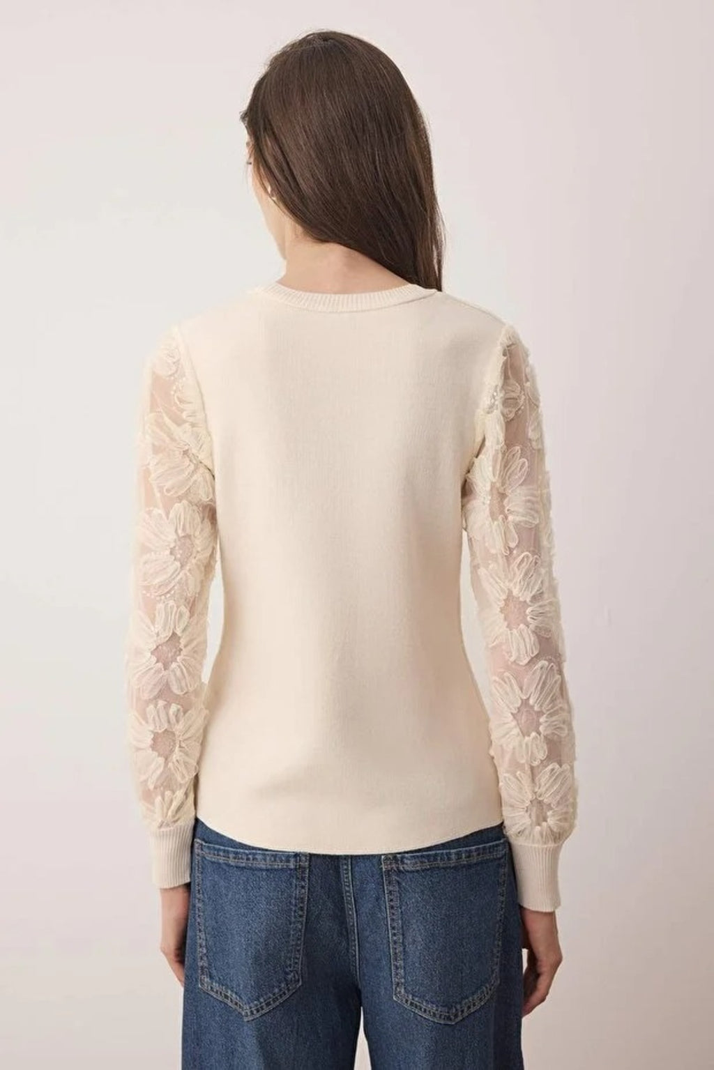 Knit Sweater with Tulle Garnish and Sleeve Detail