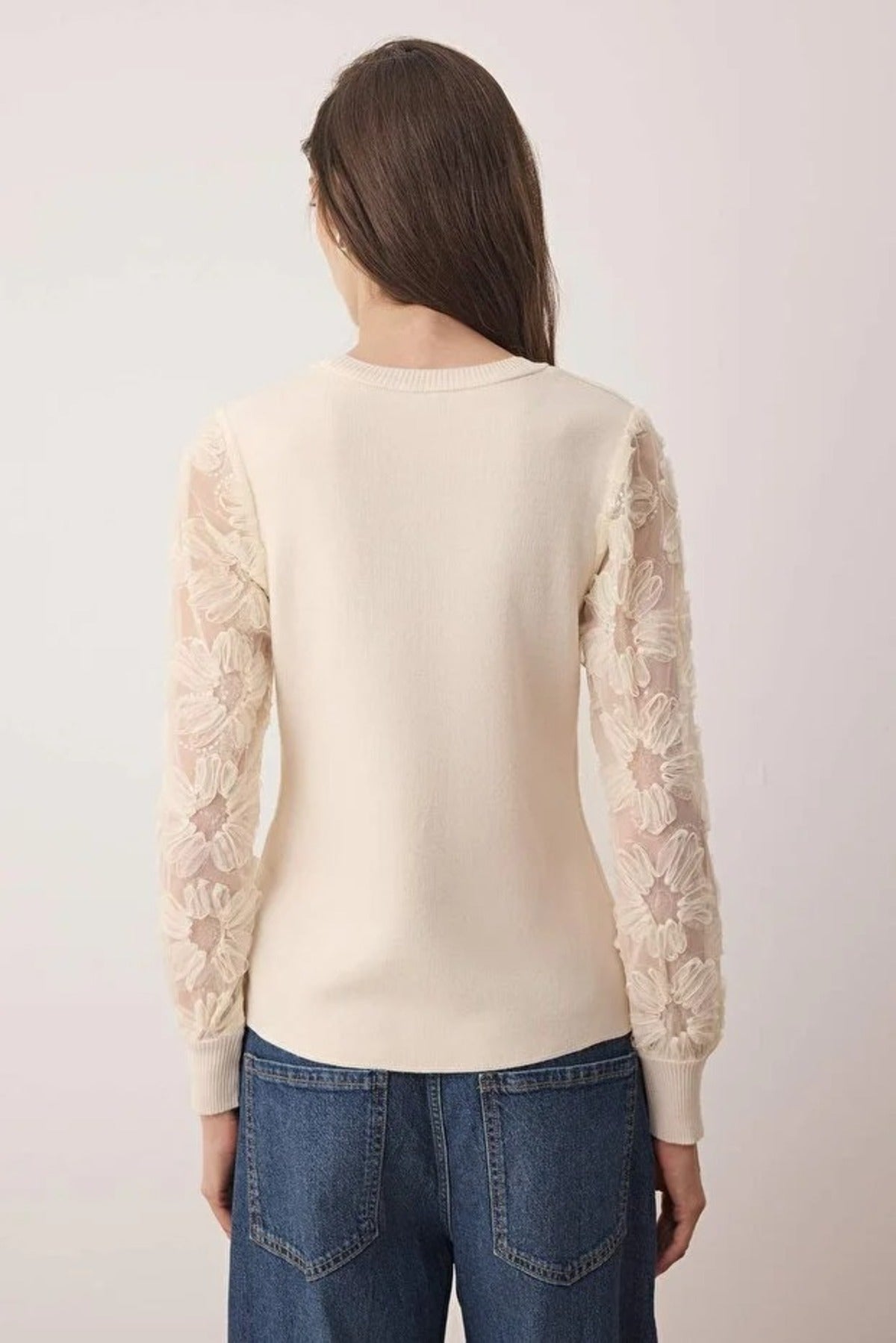 Knit Sweater with Tulle Garnish and Sleeve Detail