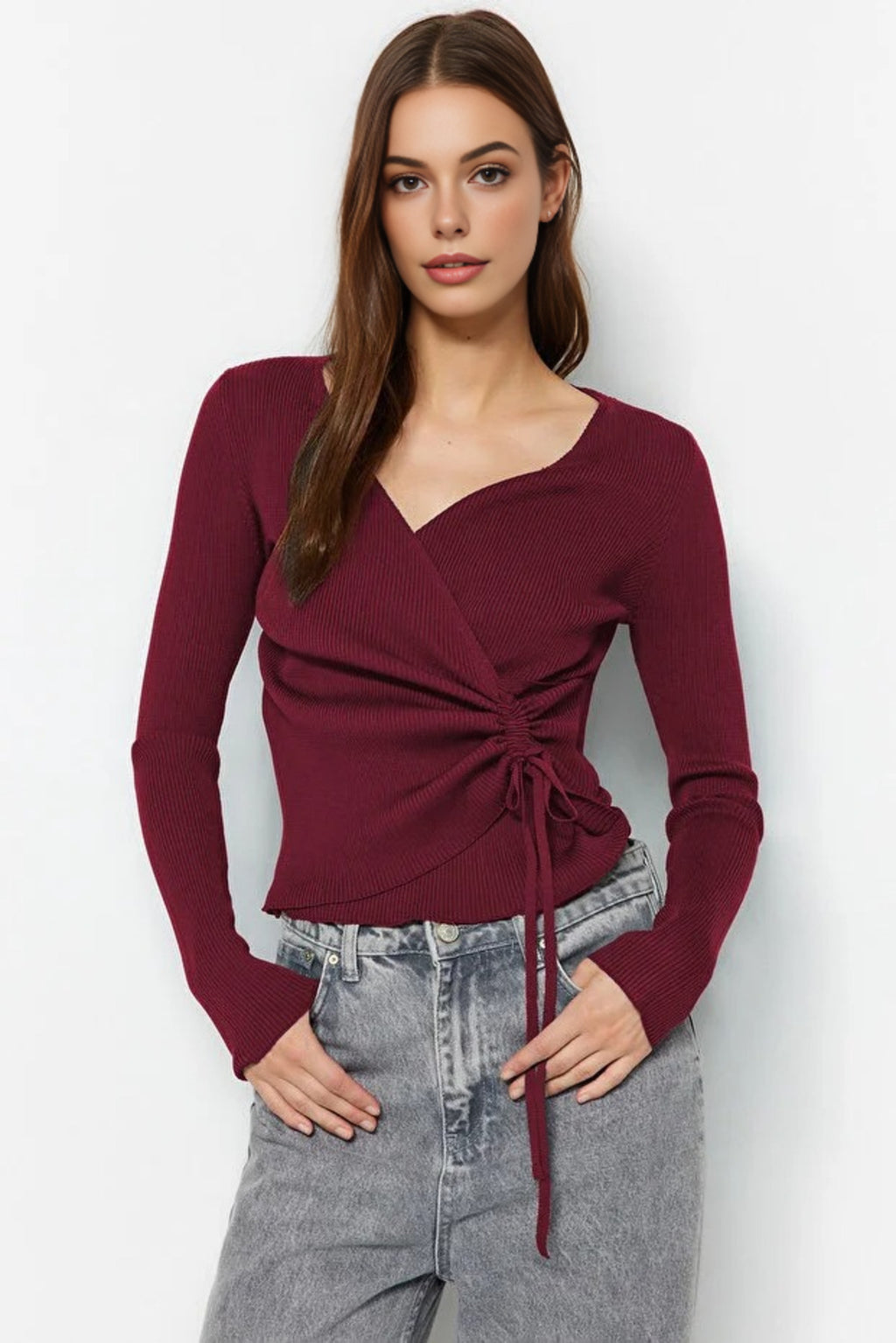 Double-Breasted Knit Sweater with Gathering Detail