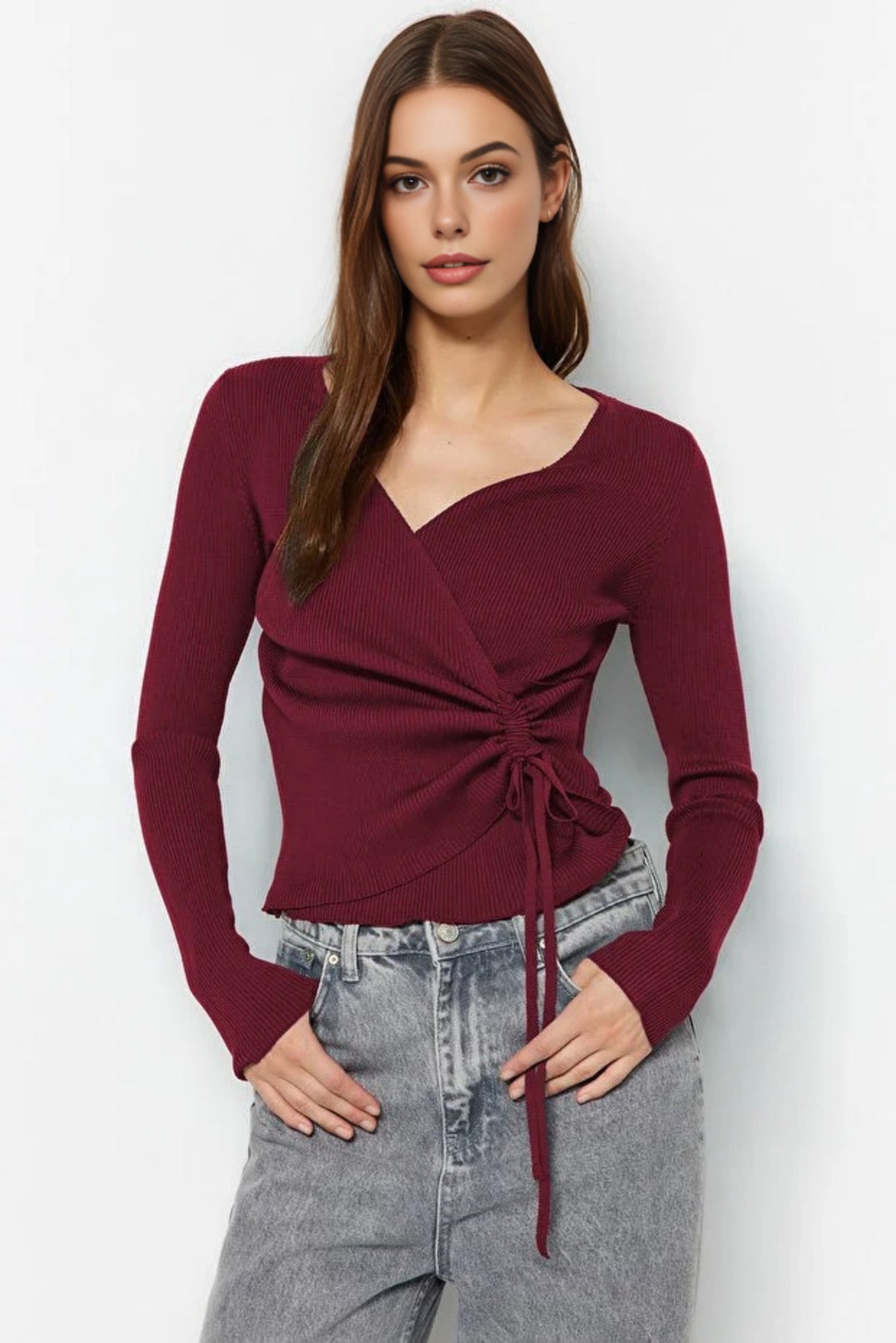 Double-Breasted Knit Sweater with Gathering Detail