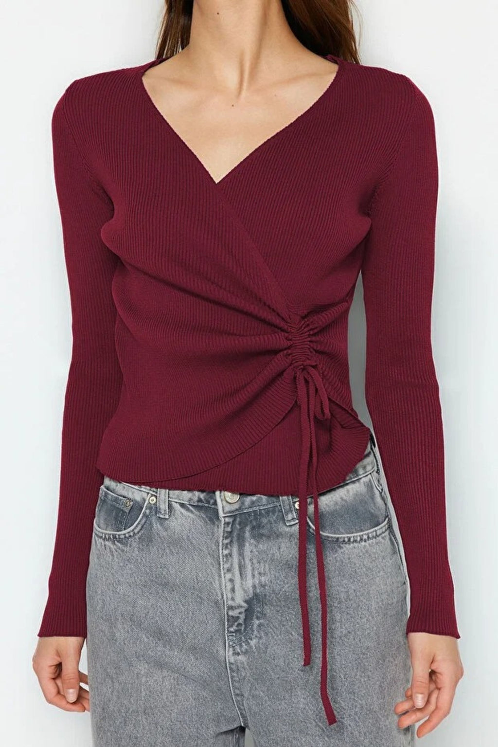 Double-Breasted Knit Sweater with Gathering Detail