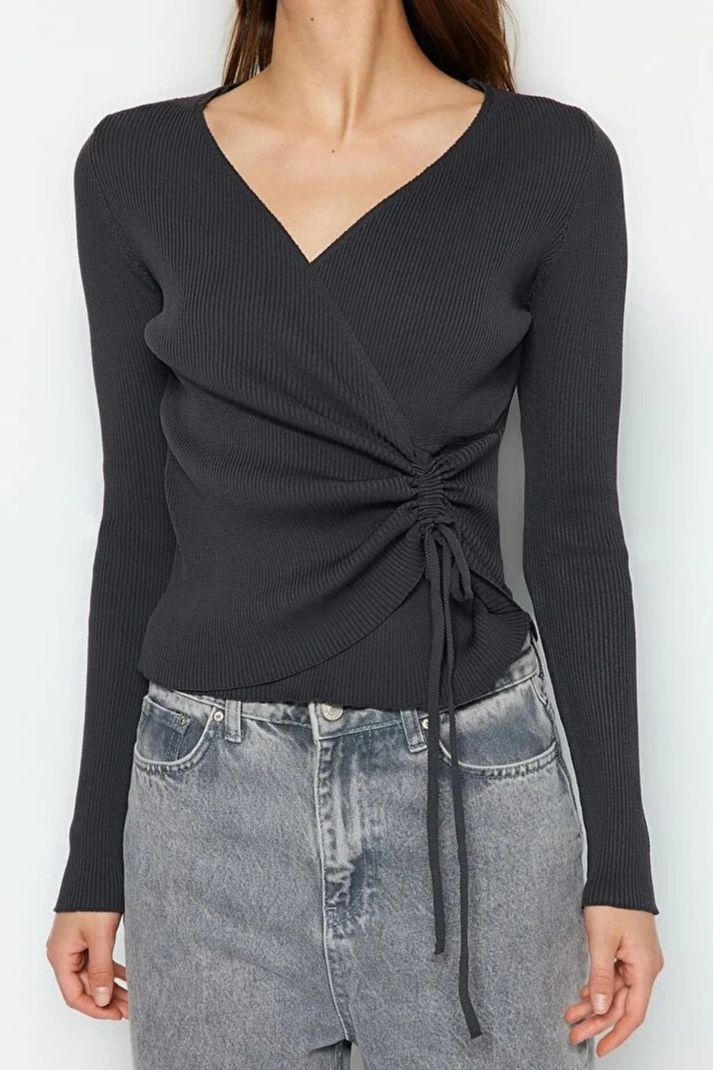 Double-Breasted Knit Sweater with Gathering Detail