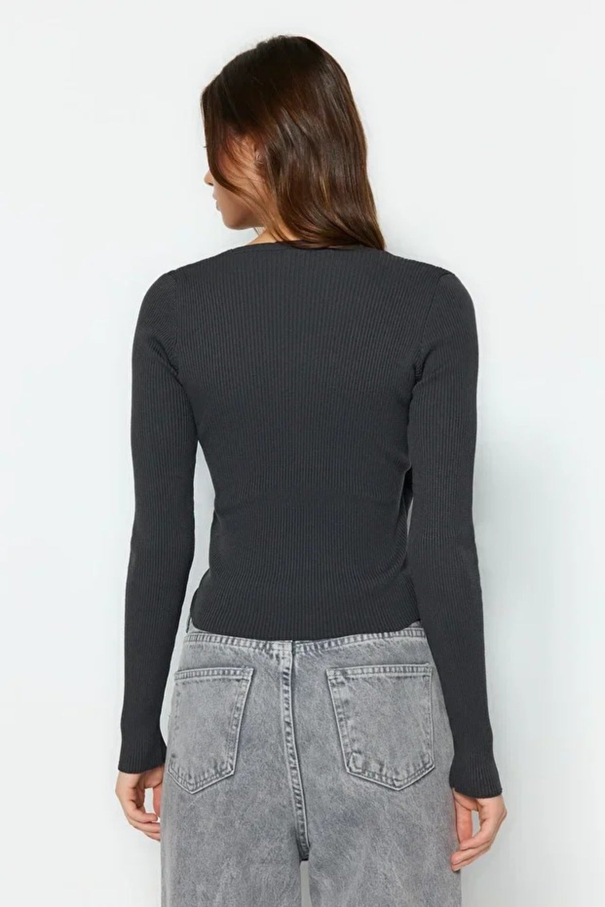 Double-Breasted Knit Sweater with Gathering Detail