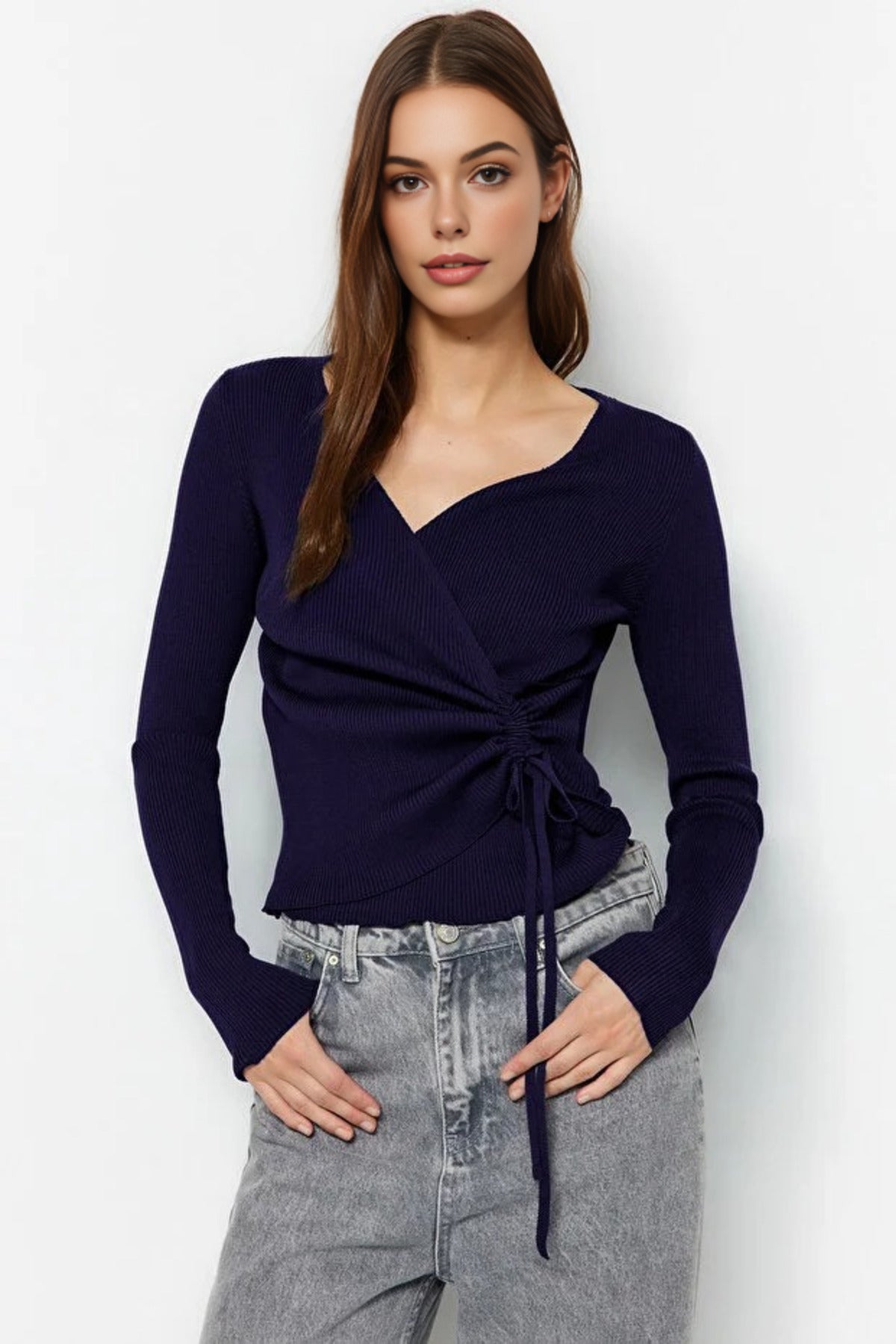 Double-Breasted Knit Sweater with Gathering Detail