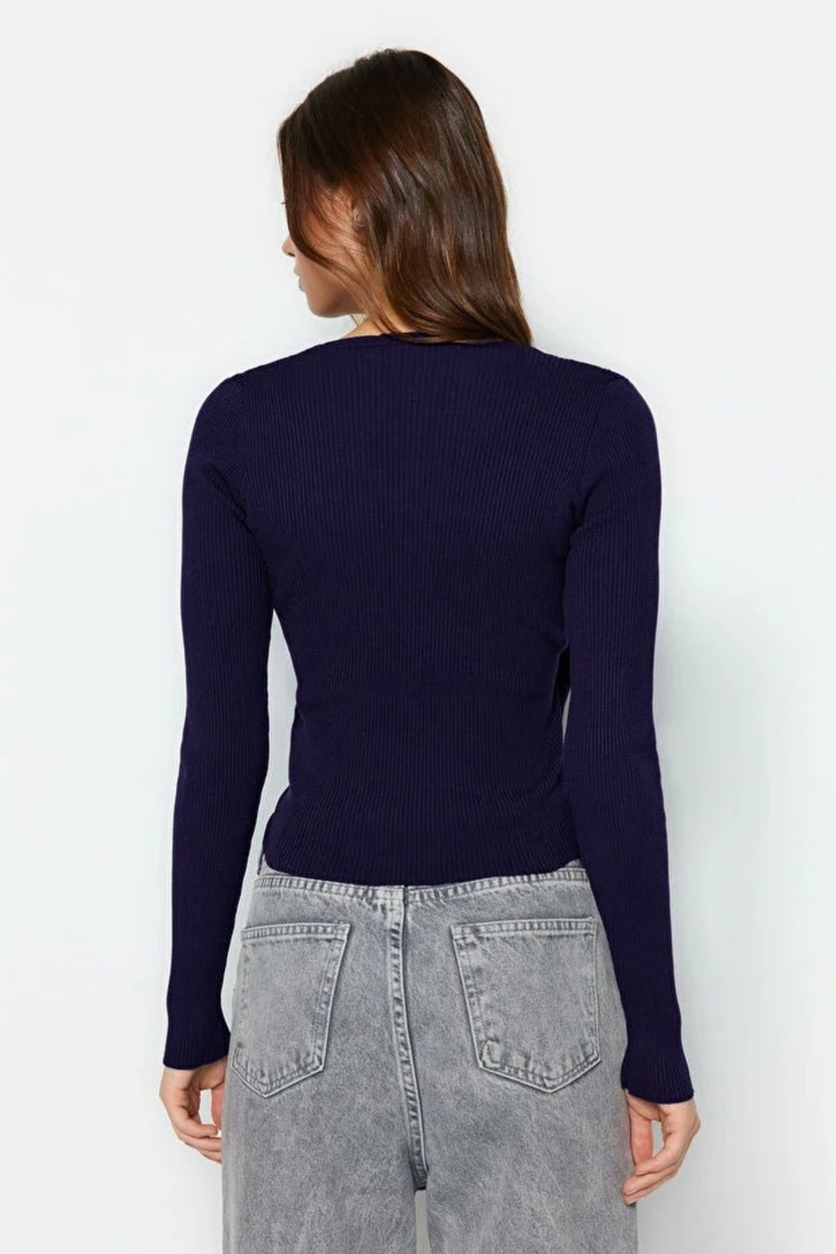 Double-Breasted Knit Sweater with Gathering Detail