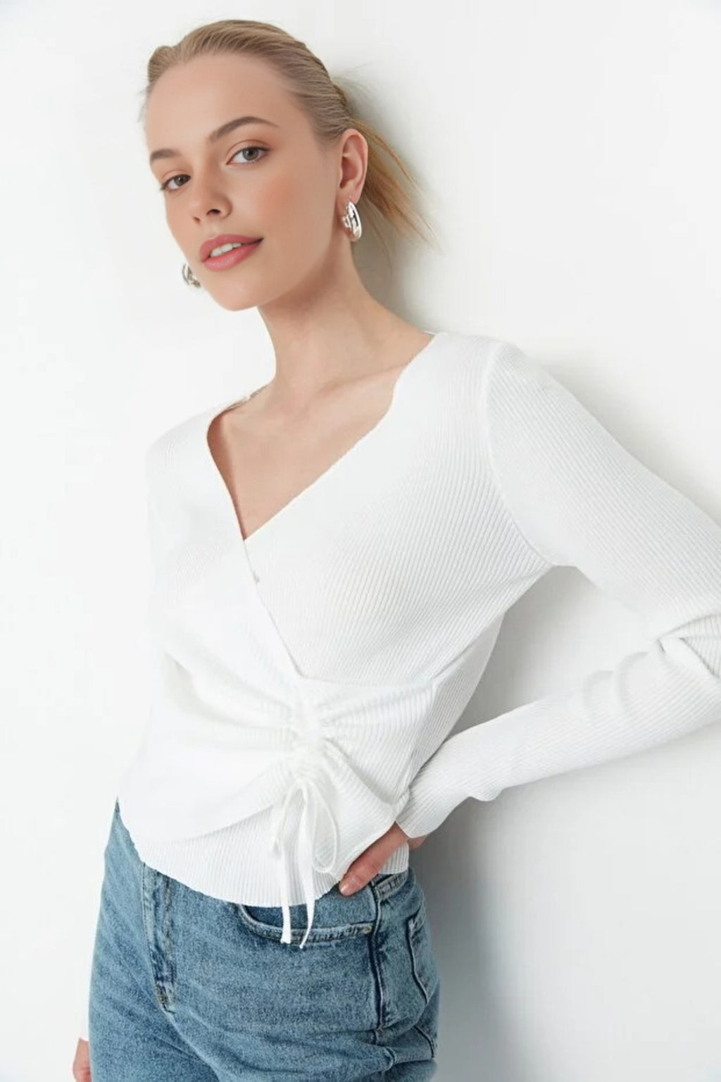 Double-Breasted Knit Sweater with Gathering Detail