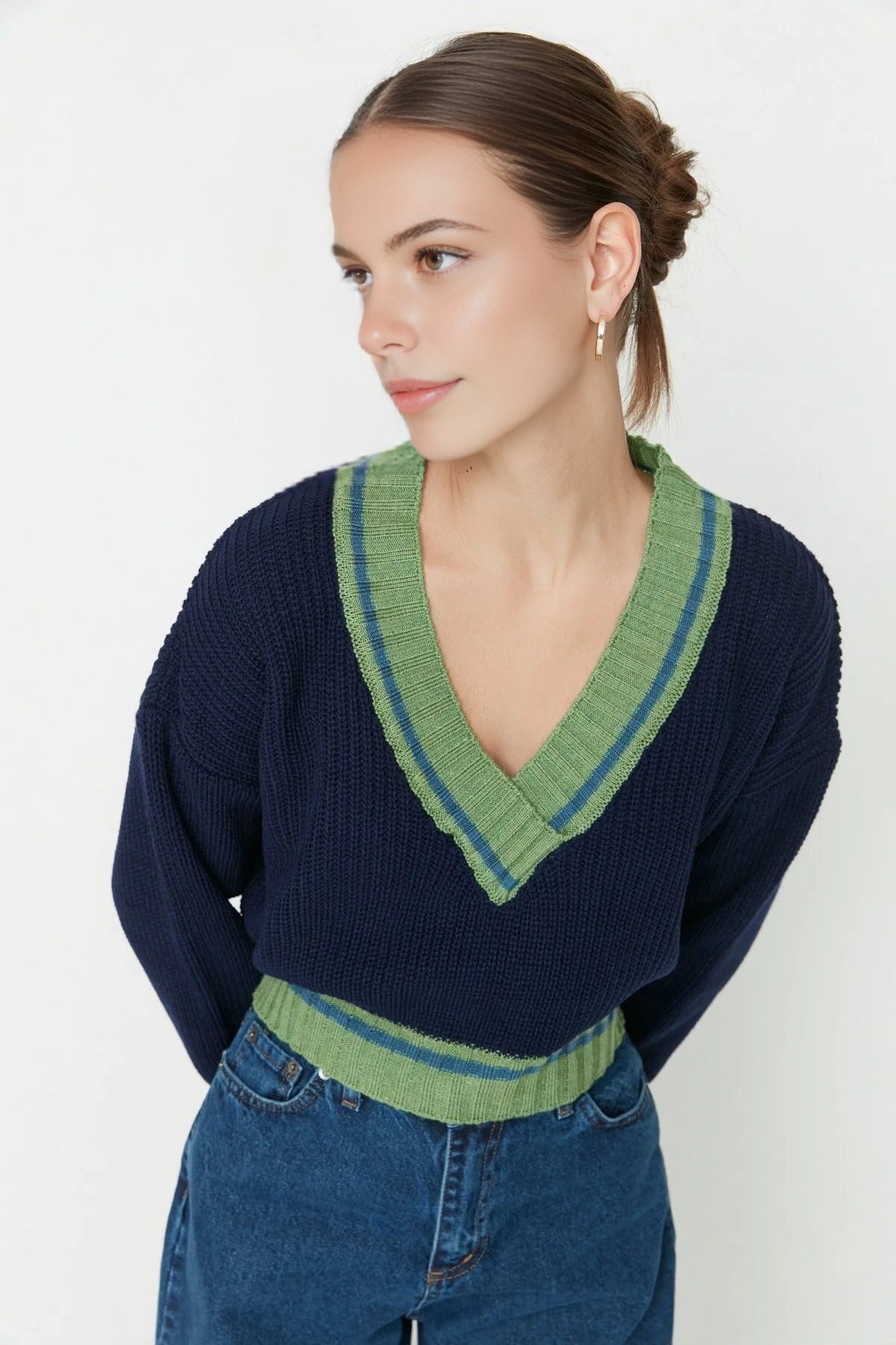 Crop Color Block Knit Sweater