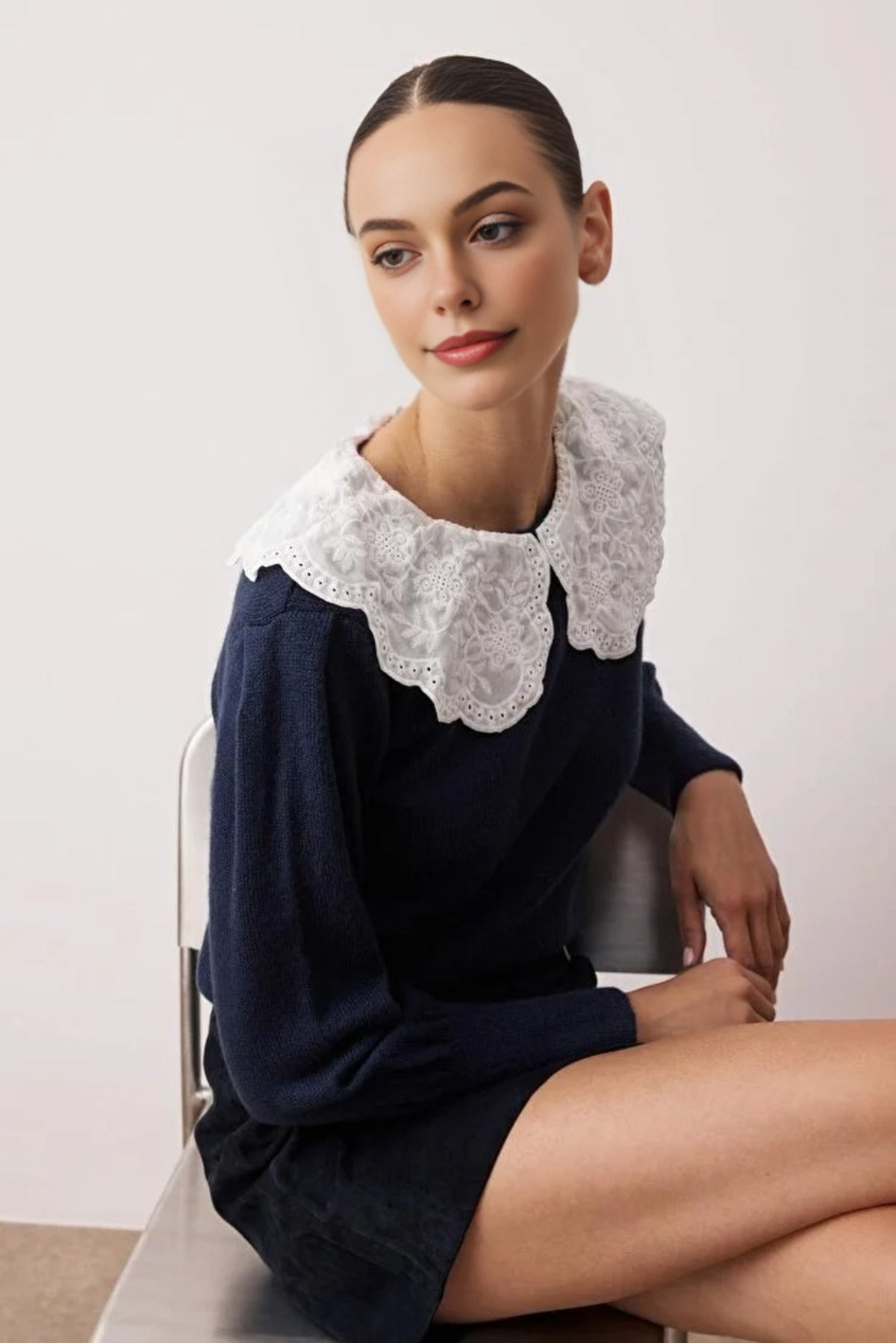 Soft Textured Garnished Shirt Collar Knit Sweater