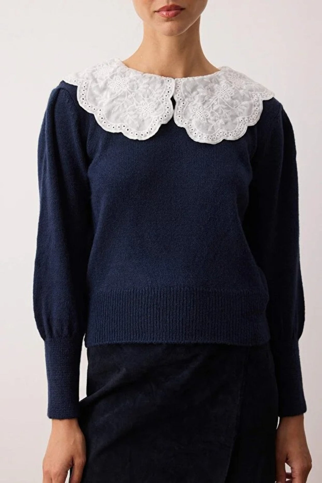 Soft Textured Garnished Shirt Collar Knit Sweater