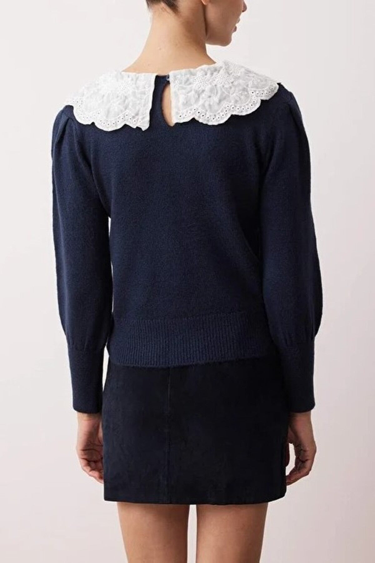 Soft Textured Garnished Shirt Collar Knit Sweater