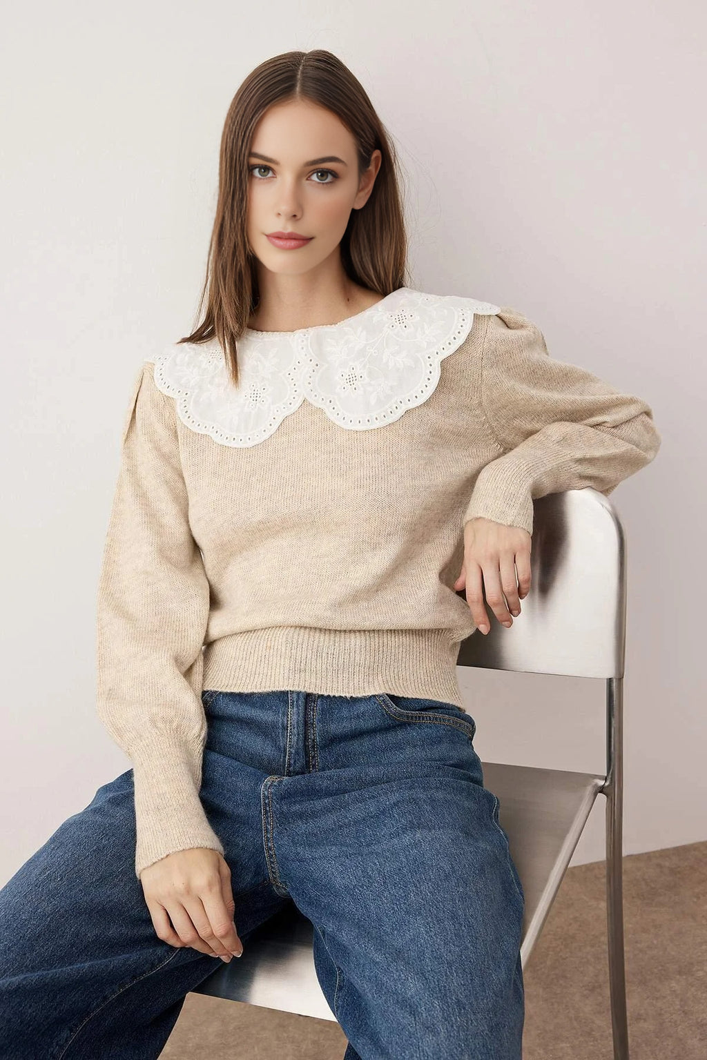 Soft Textured Garnished Shirt Collar Knit Sweater