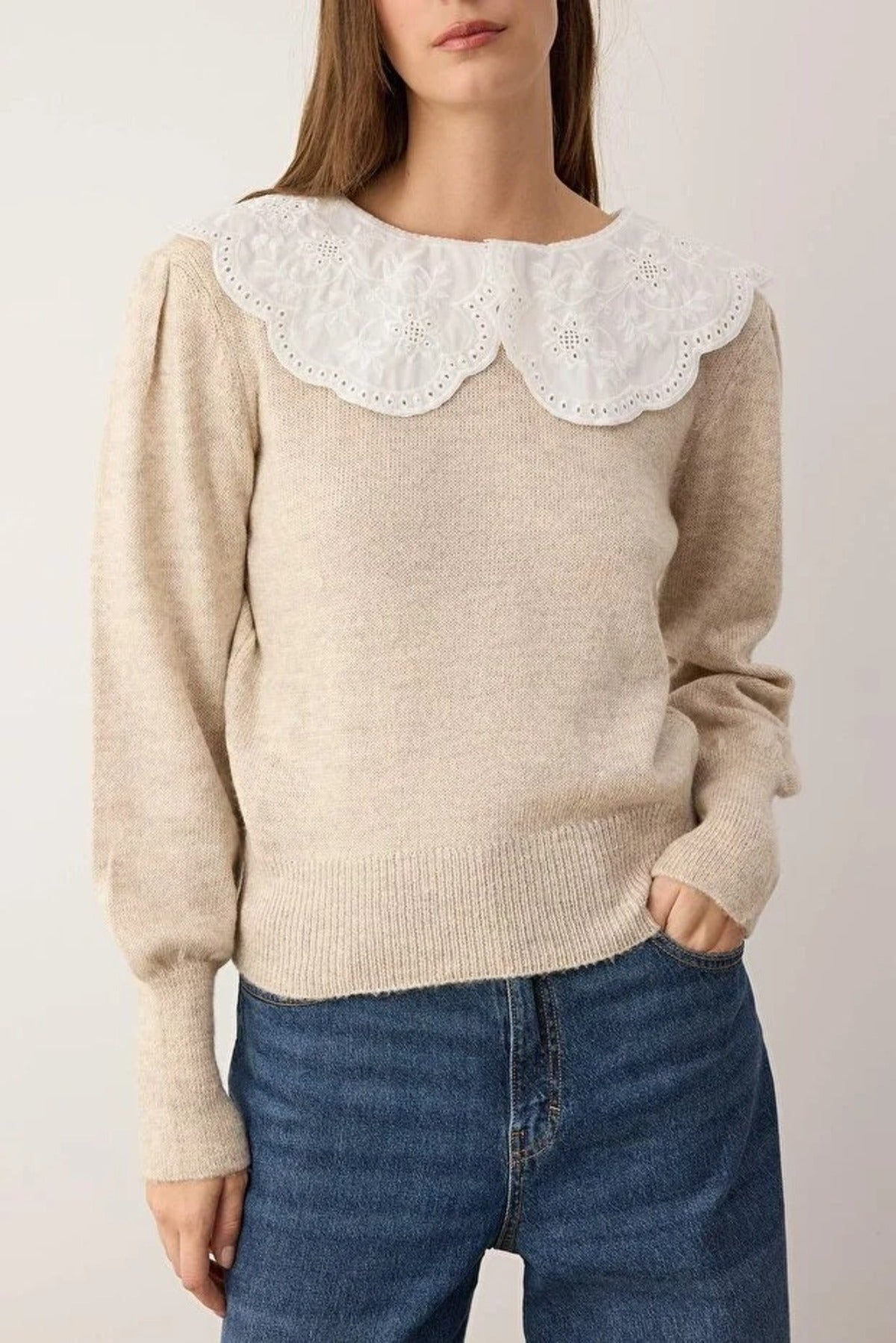 Soft Textured Garnished Shirt Collar Knit Sweater