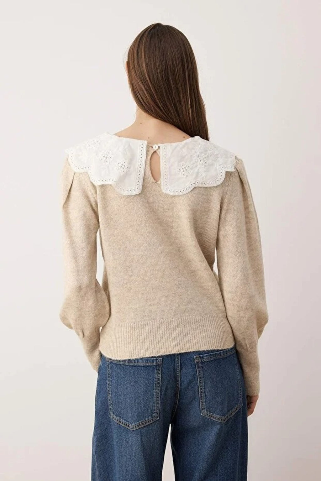 Soft Textured Garnished Shirt Collar Knit Sweater