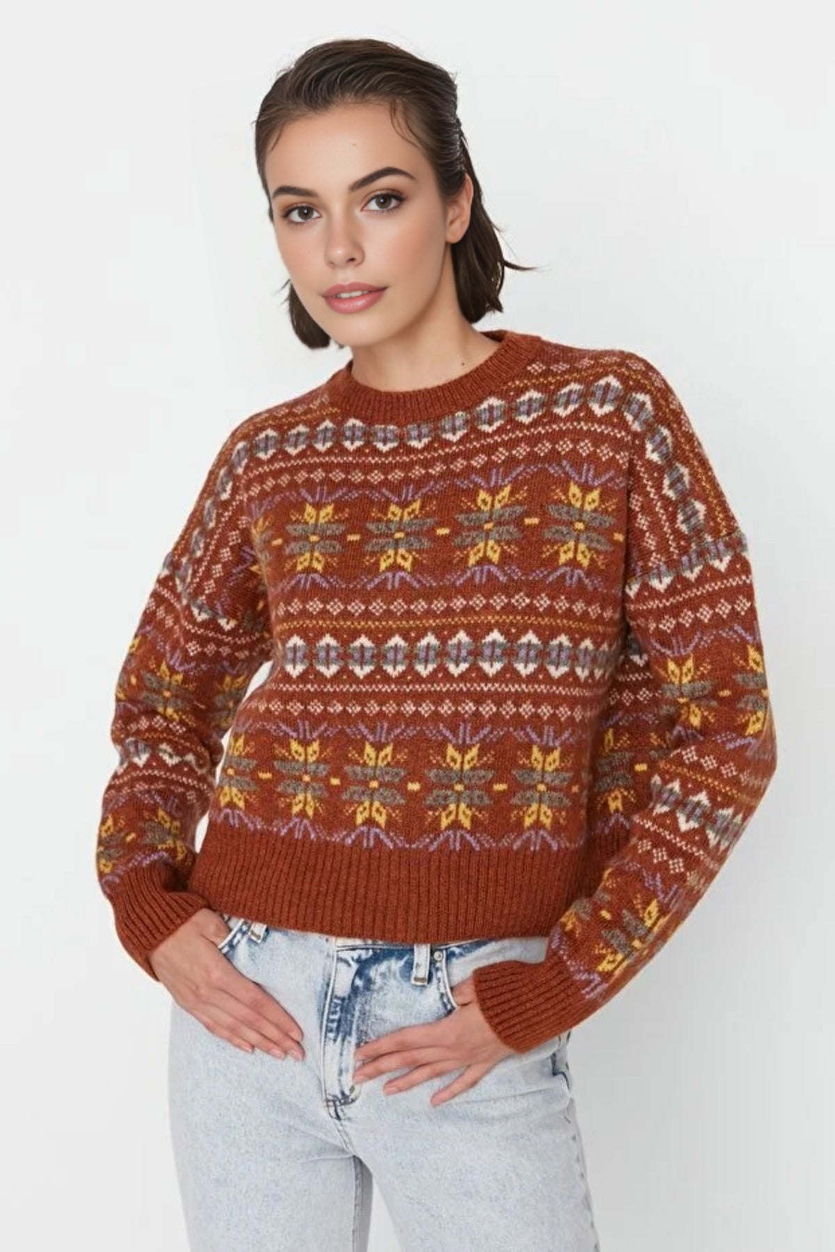 Soft-Textured Patterned Oversize Knit Sweater