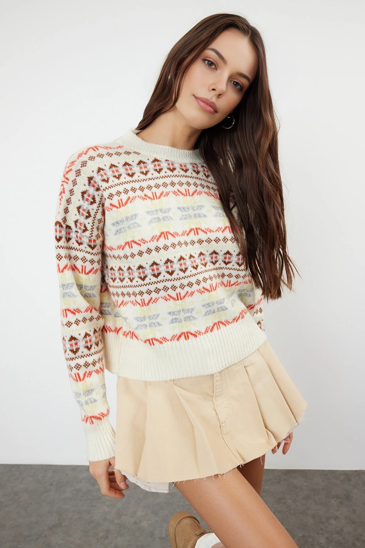 Soft-Textured Patterned Oversize Knit Sweater