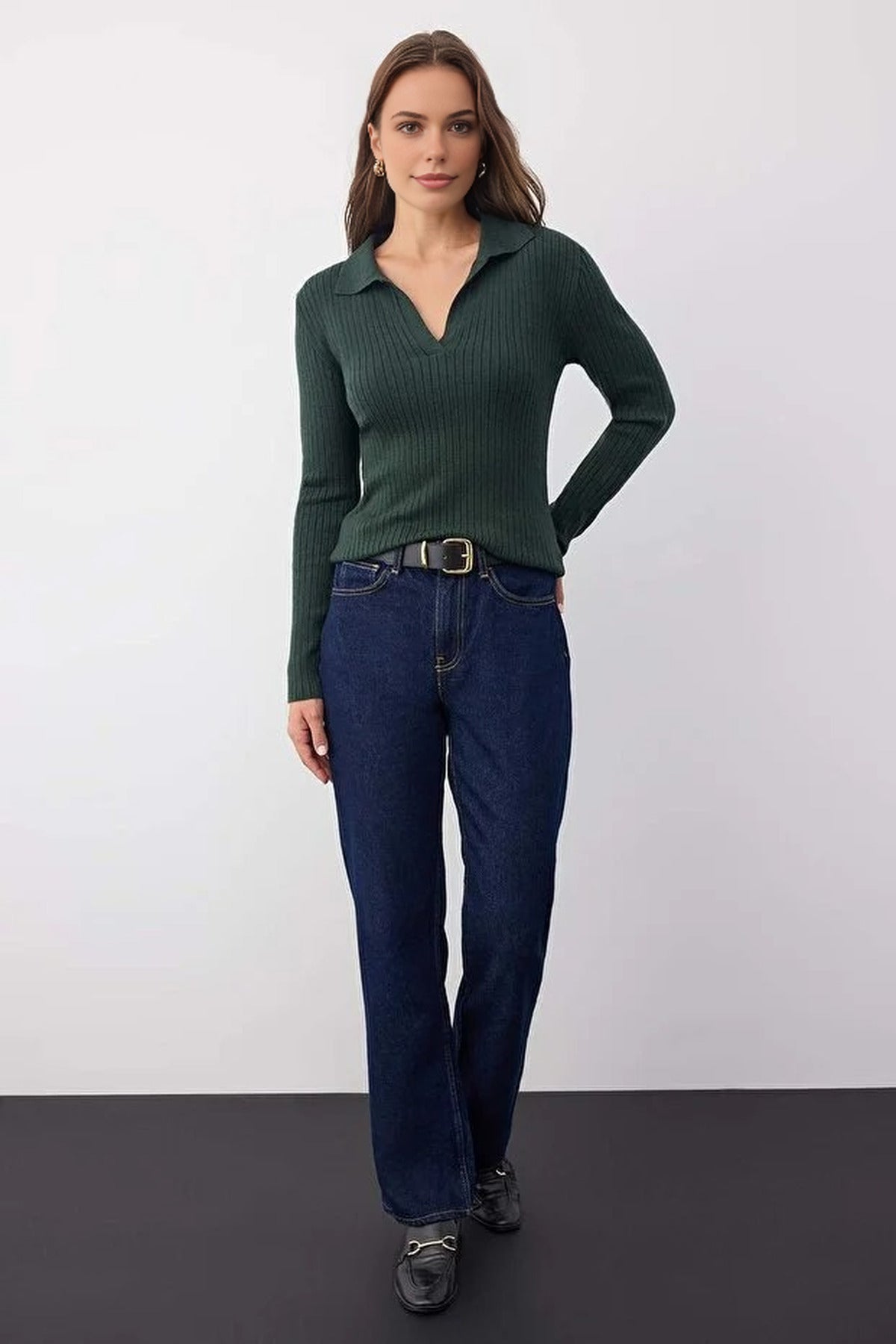 Polo Collar Ribbed Knit Sweater