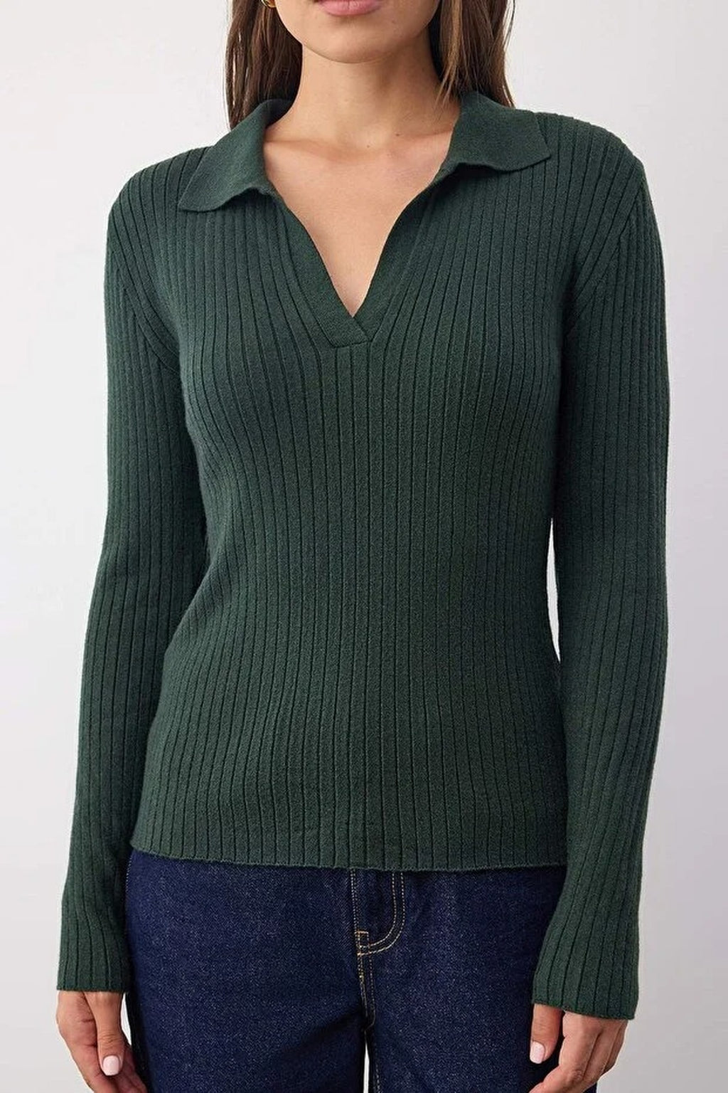 Polo Collar Ribbed Knit Sweater