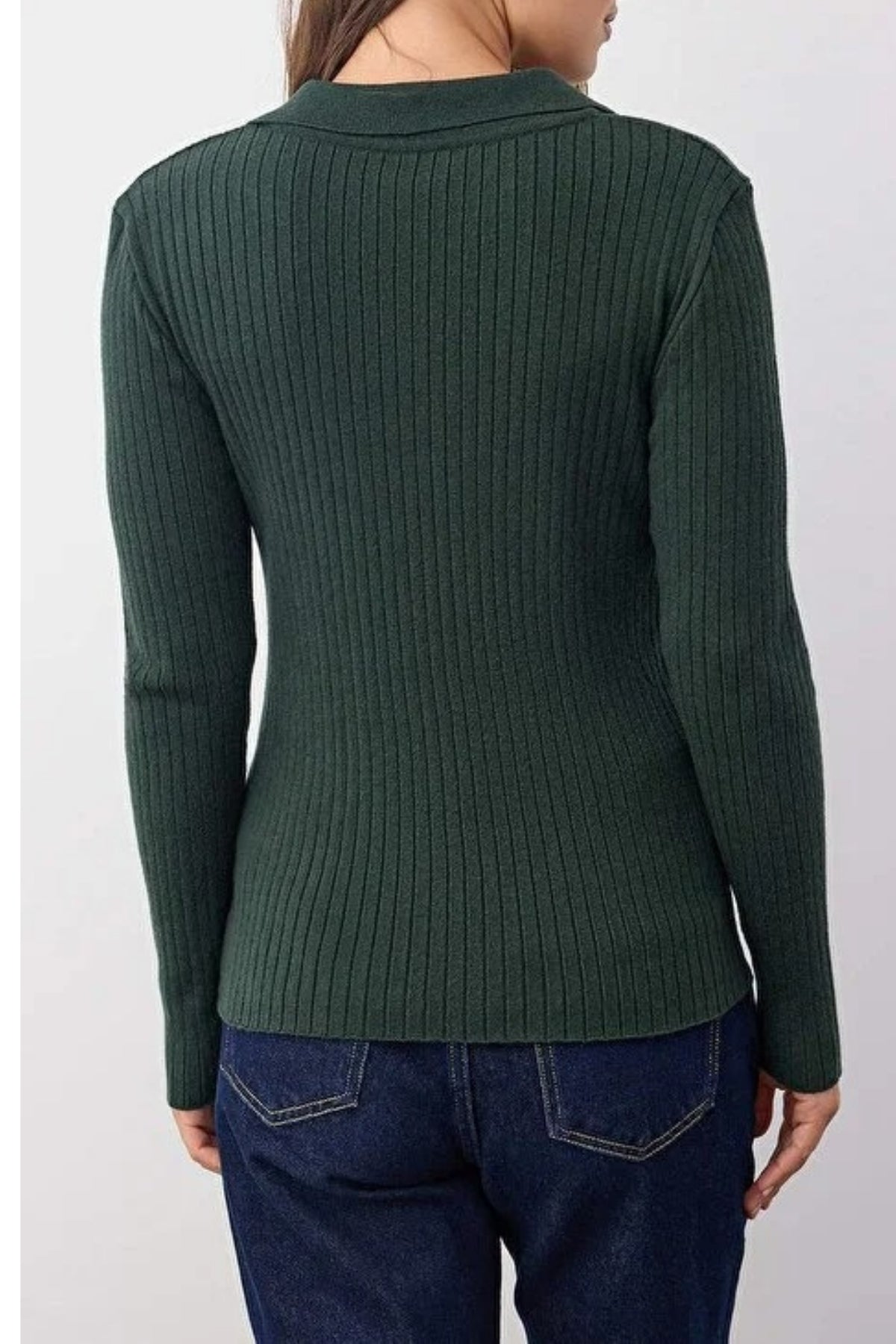 Polo Collar Ribbed Knit Sweater