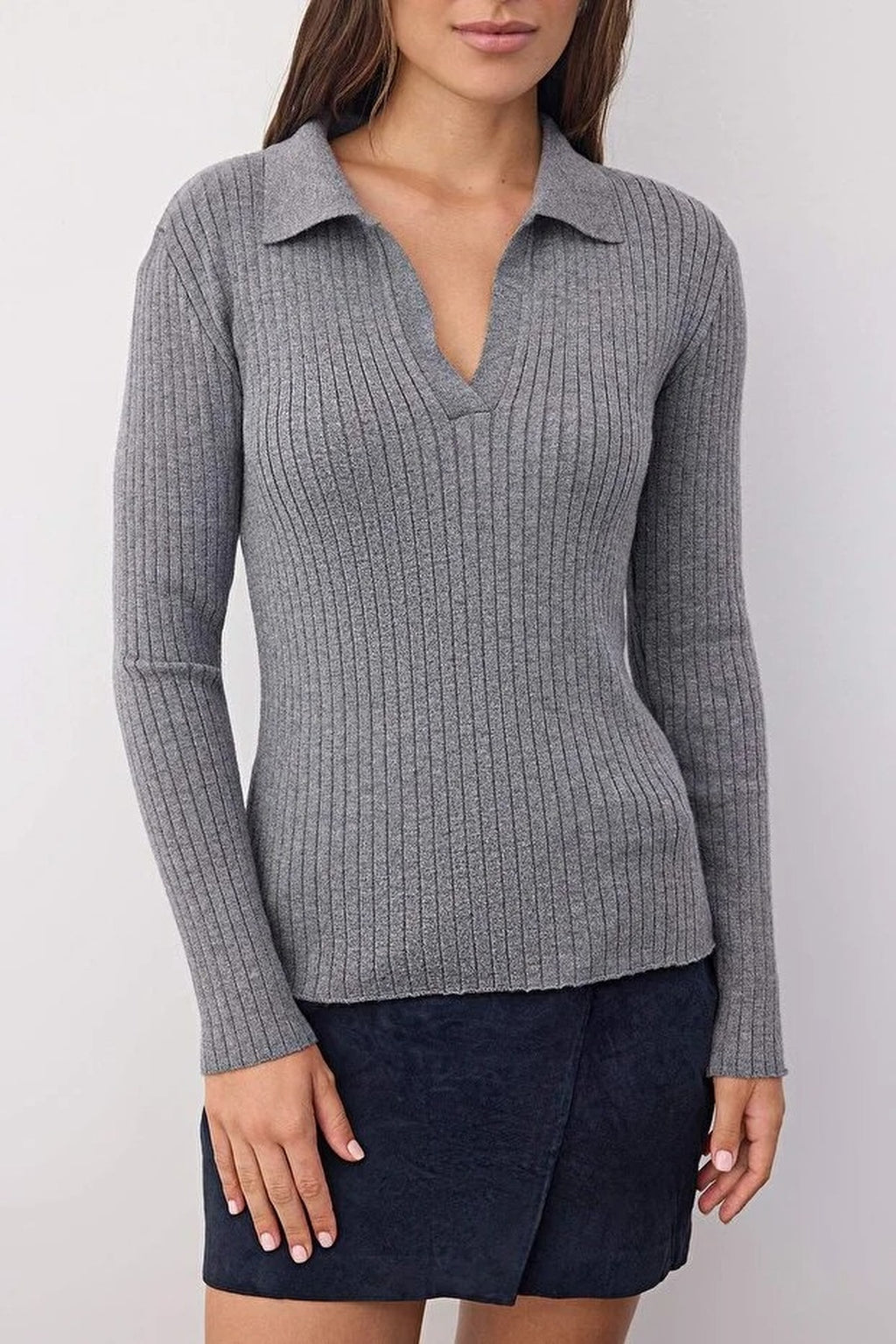 Polo Collar Ribbed Knit Sweater