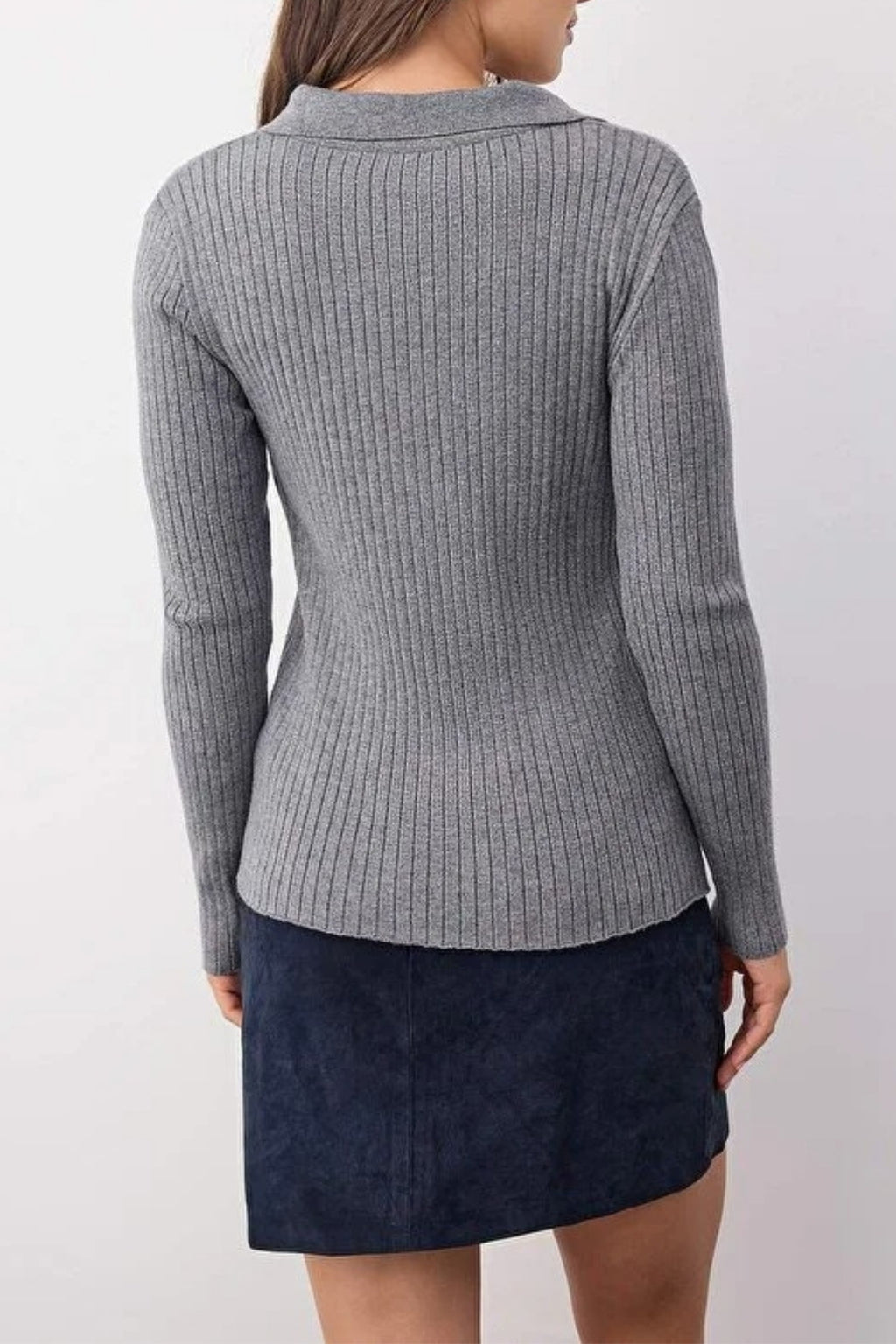Polo Collar Ribbed Knit Sweater
