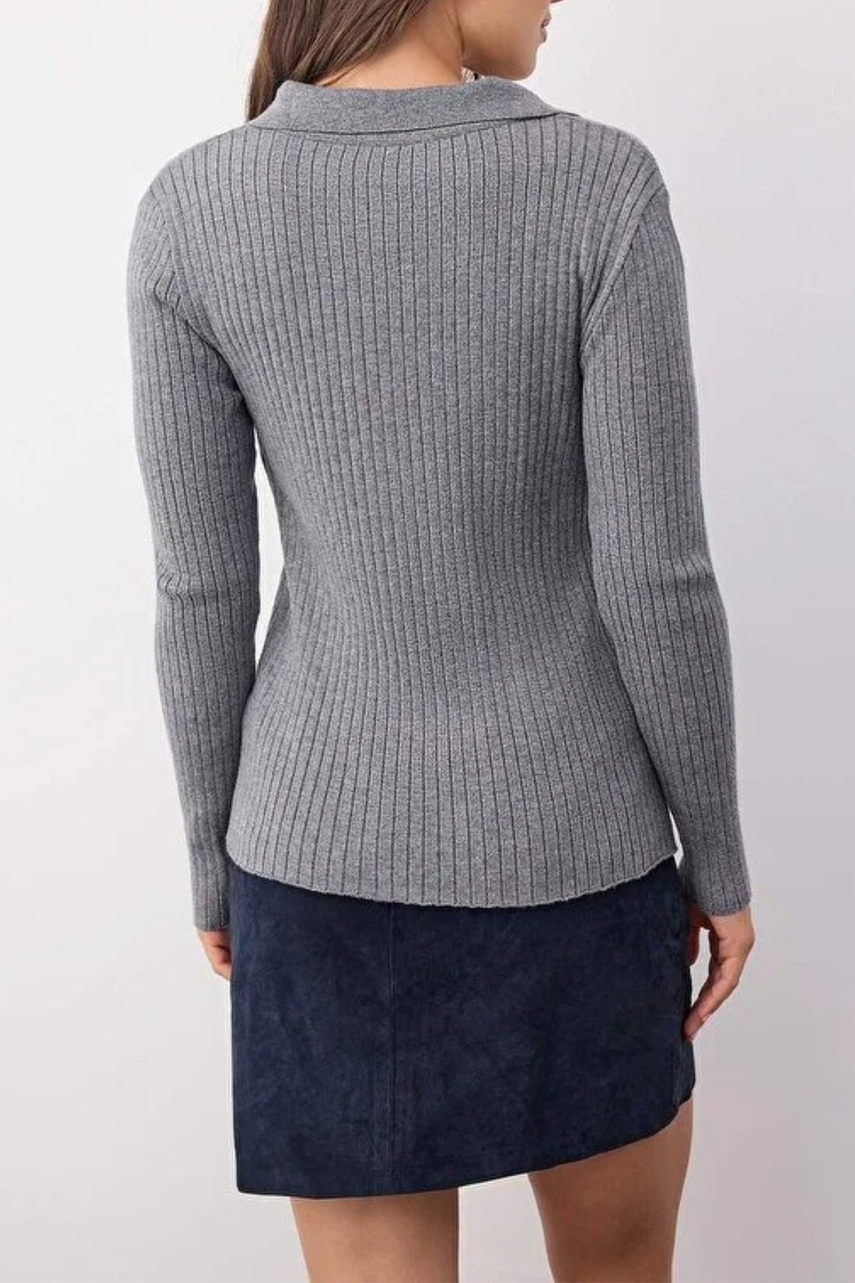 Polo Collar Ribbed Knit Sweater