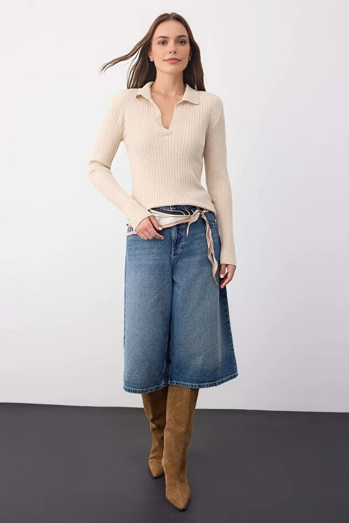 Polo Collar Ribbed Knit Sweater