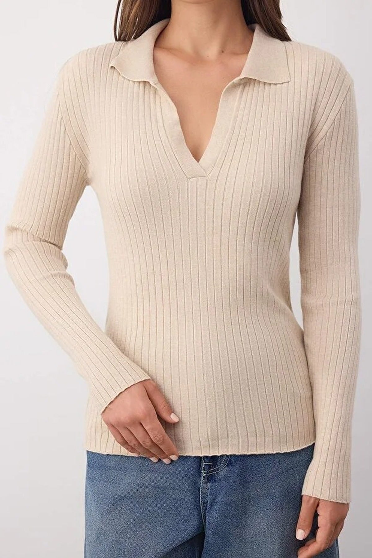 Polo Collar Ribbed Knit Sweater