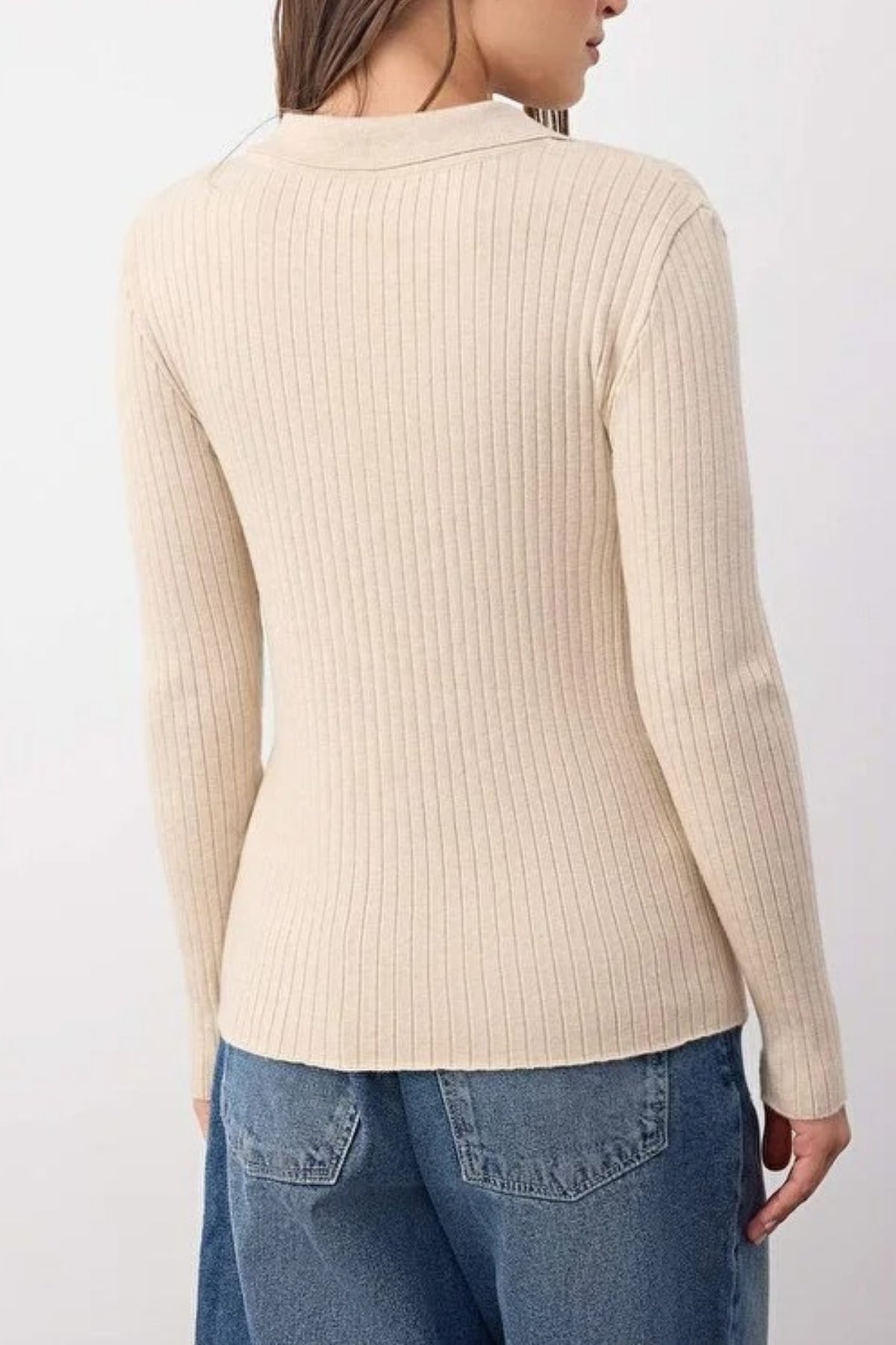 Polo Collar Ribbed Knit Sweater