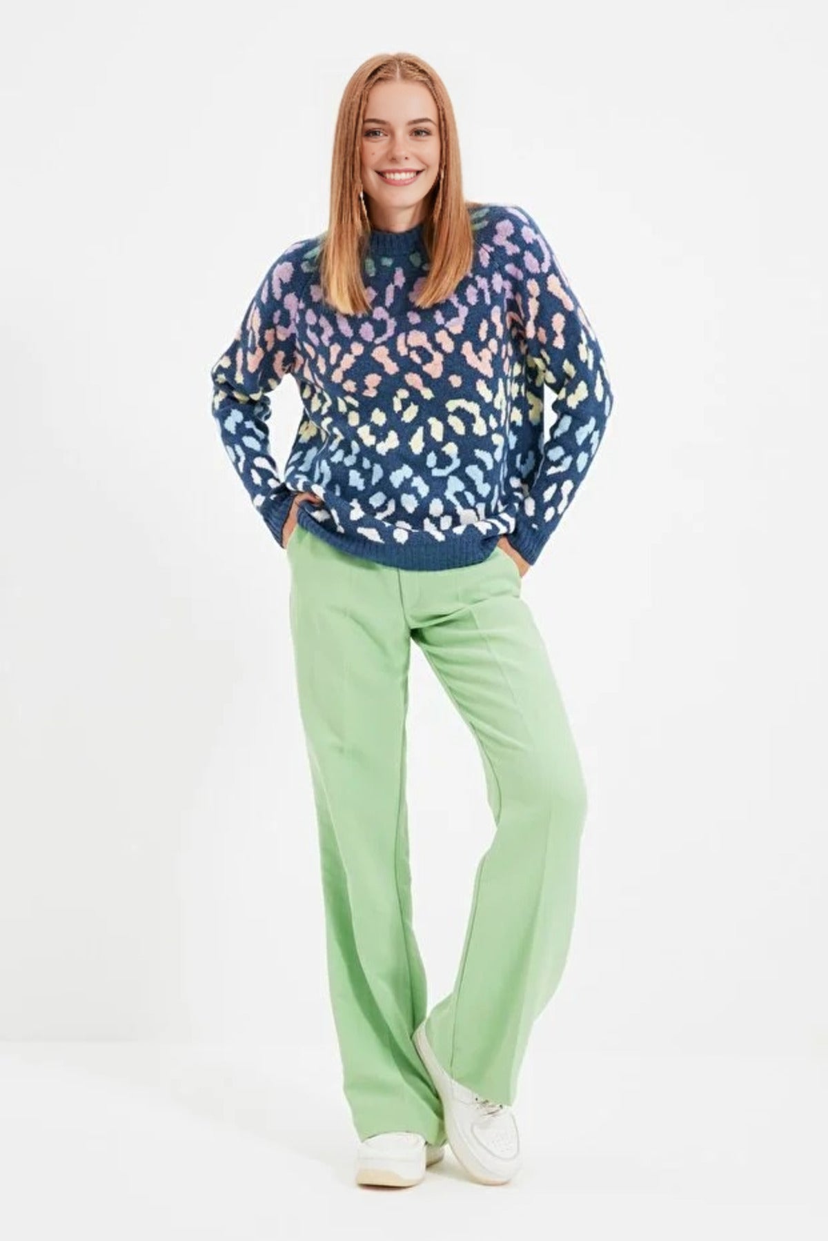 Soft Textured Knit Sweater with Leopard Pattern