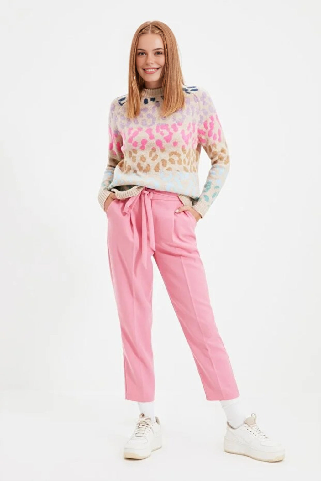 Soft Textured Knit Sweater with Leopard Pattern