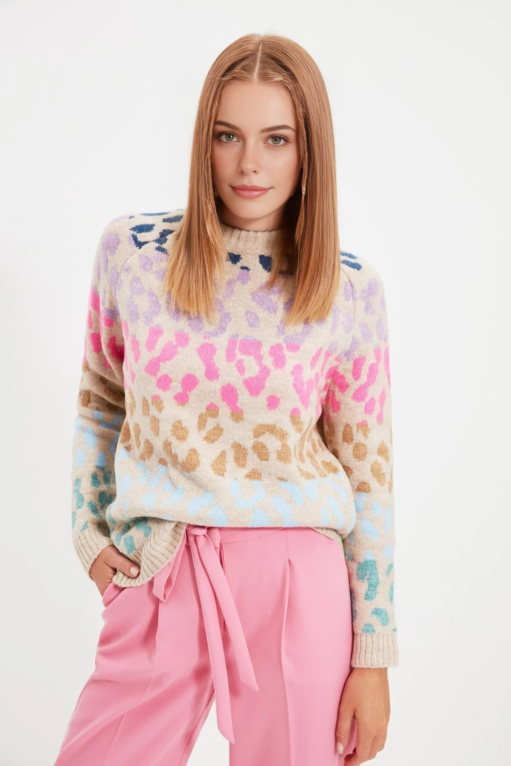 Soft Textured Knit Sweater with Leopard Pattern