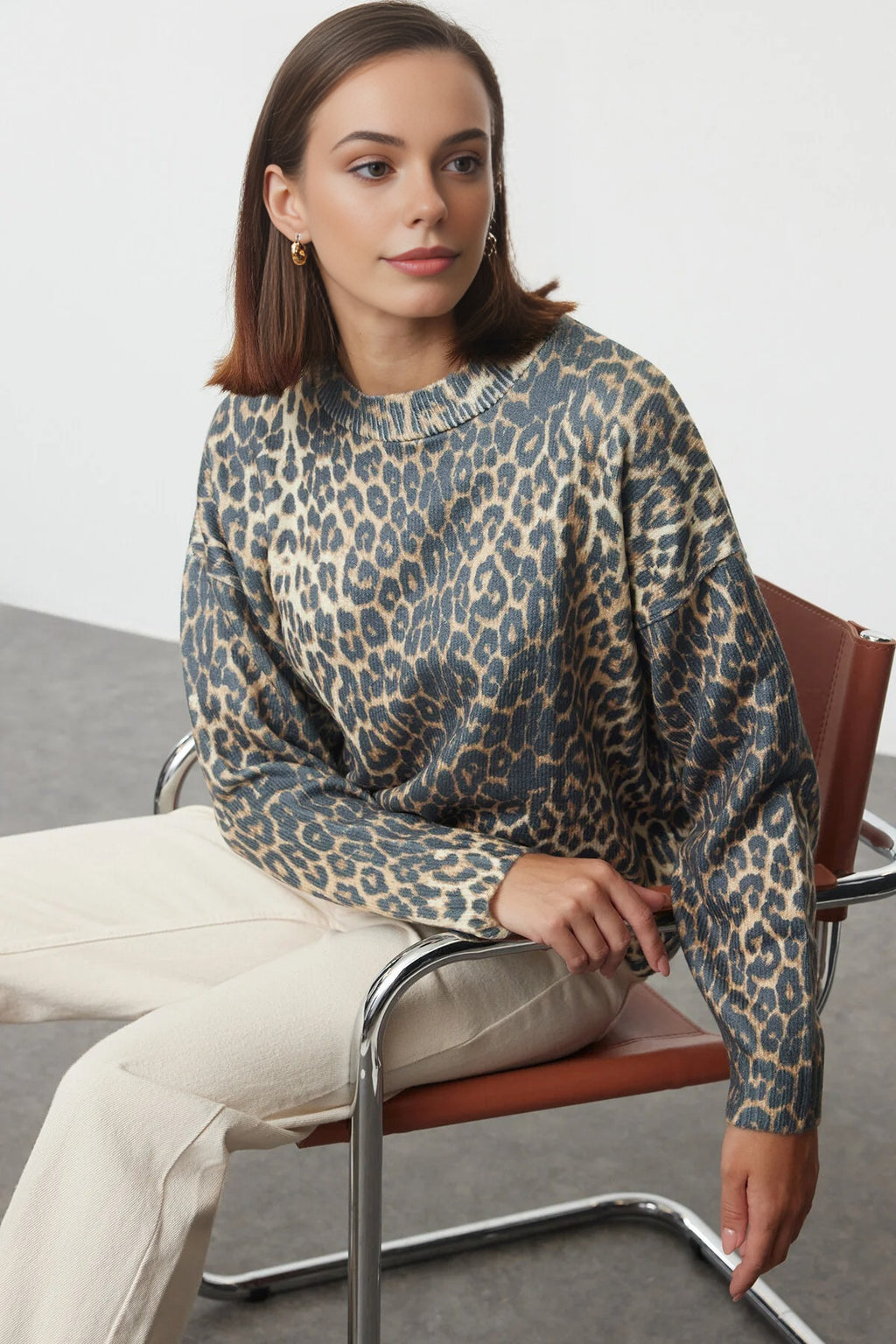 Soft Textured Leopard Print Knit Sweater