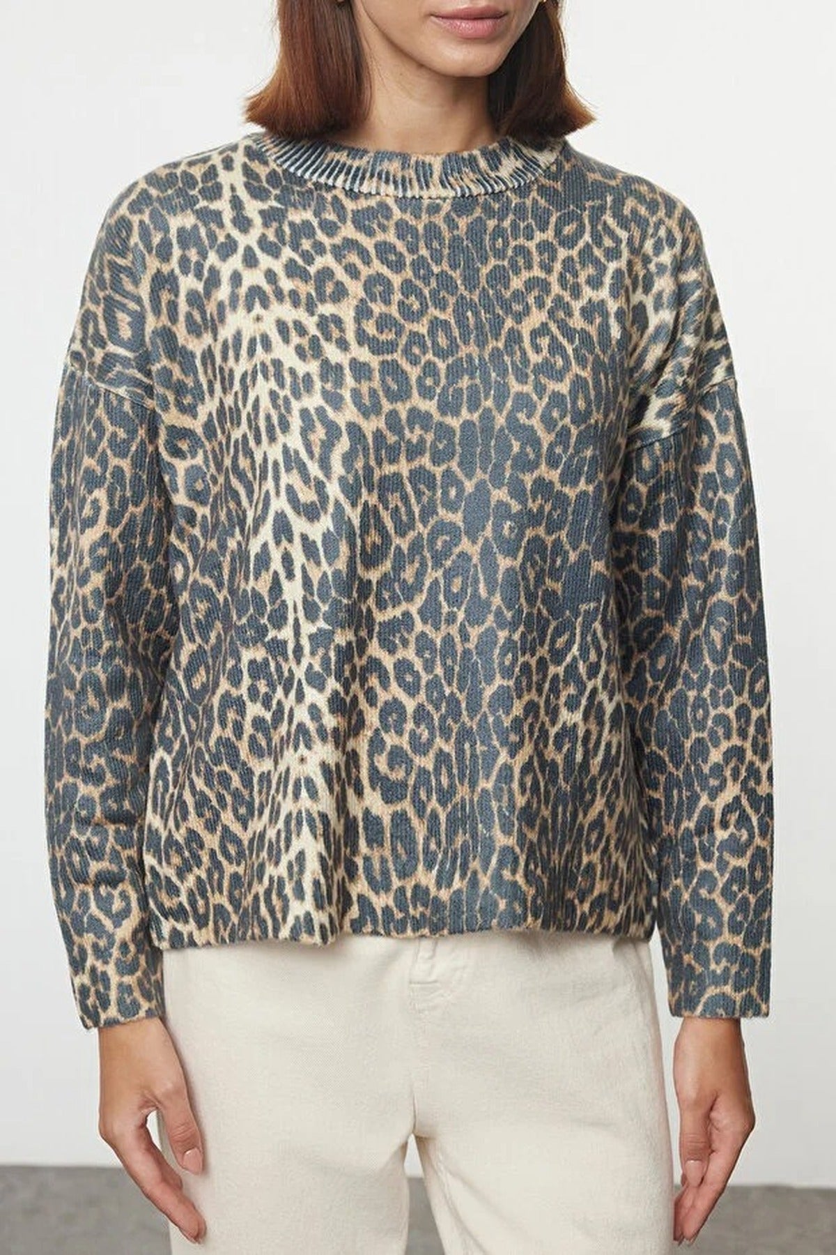 Soft Textured Leopard Print Knit Sweater